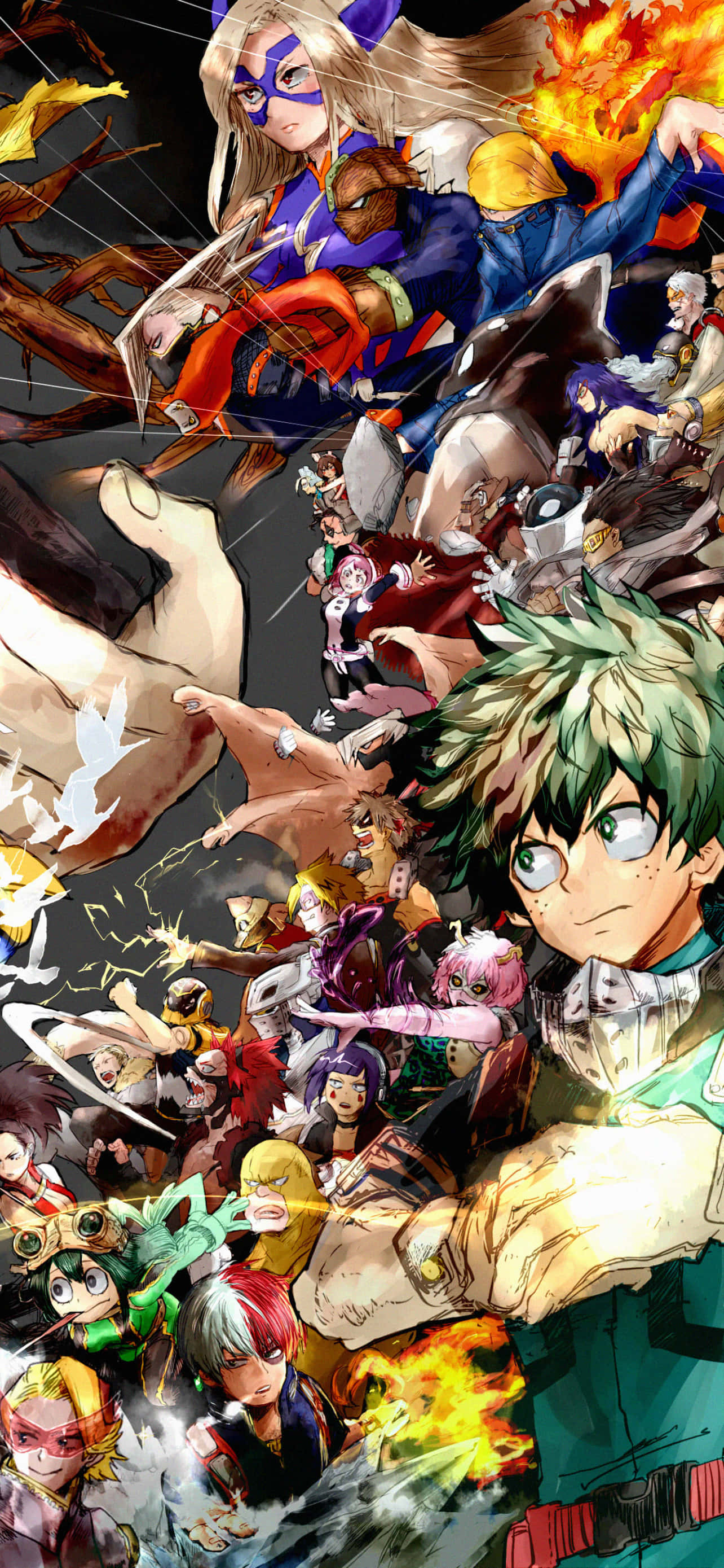 Dabi Boku No Hero 桌布 壁紙 — 動感十足的動漫角色在激烈的動作中碰撞，充滿爆炸性能量和強烈表情。