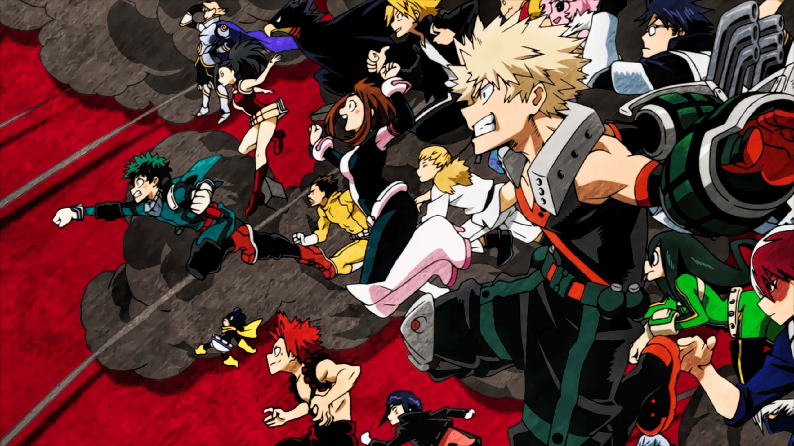 My Hero Academia iPad 桌布 壁紙 — 動感十足的動漫角色在煙霧和碎片翻騰的紅色戰場上跳躍和碰撞。