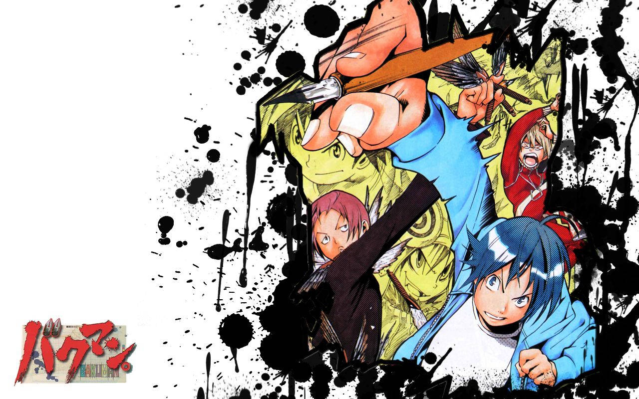 Bakuman 桌布 壁紙 — 動感十足的動漫角色從黑色墨水飛濺中迸發而出，帶有強烈的表情和大膽的色彩。