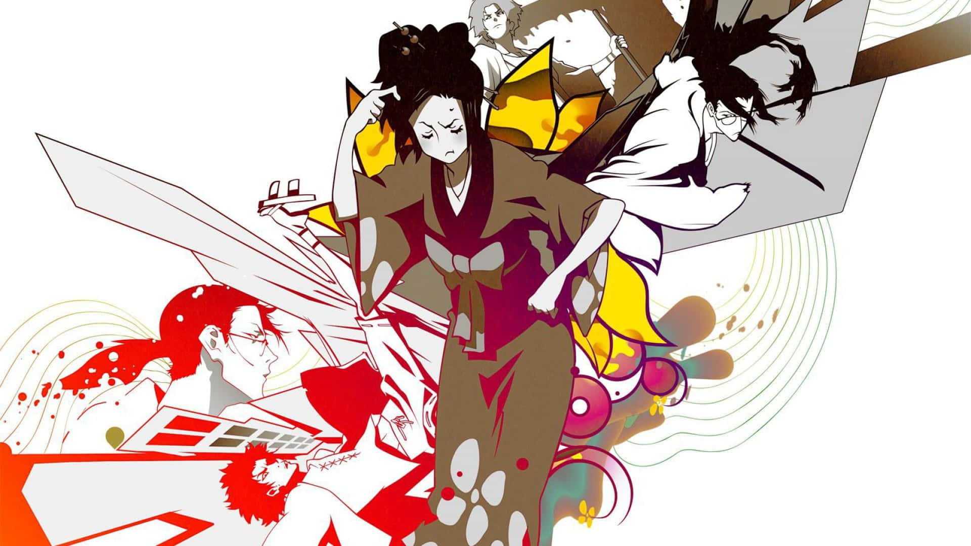 Samurai Champloo 桌布 壁紙 — 動感十足的動漫風格插圖，描繪武士在鮮明的紅色、黃色和純白背景中移動。