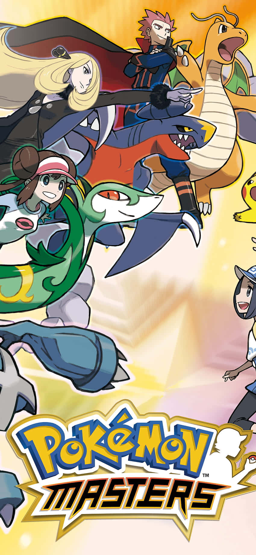Pokemon Masters 桌布 壁紙 — 動感十足的動畫風格寶可夢大師角色與色彩繽紛的寶可夢在耀眼金色背景前戰鬥。