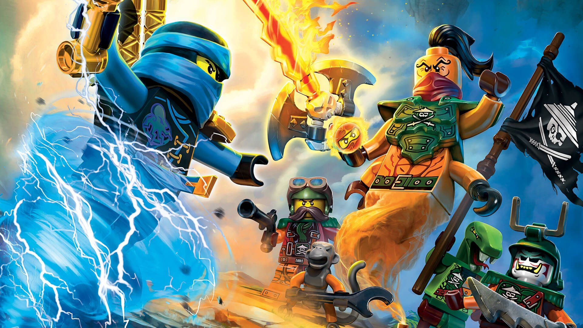 Ninjago 桌布 壁紙 — 動感十足的樂高旋風忍者角色在充滿活力的動作戰鬥場景中釋放元素力量。