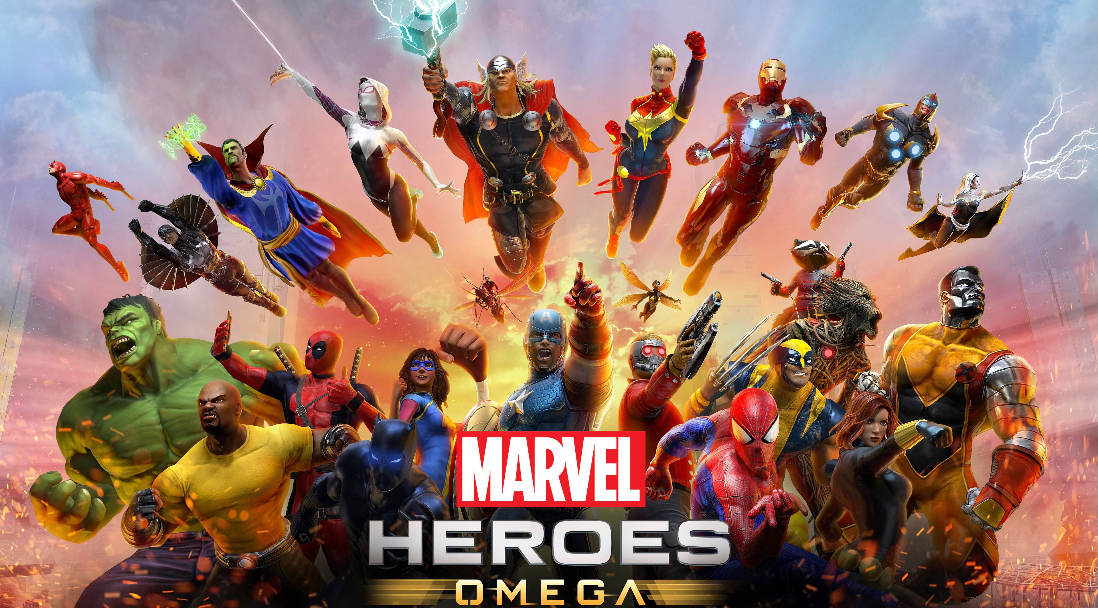 4K Marvel 壁紙 桌布 壁紙 — 動感十足的漫威英雄在火熱的天空中翱翔並準備就緒，遊戲標題顯眼地展示。