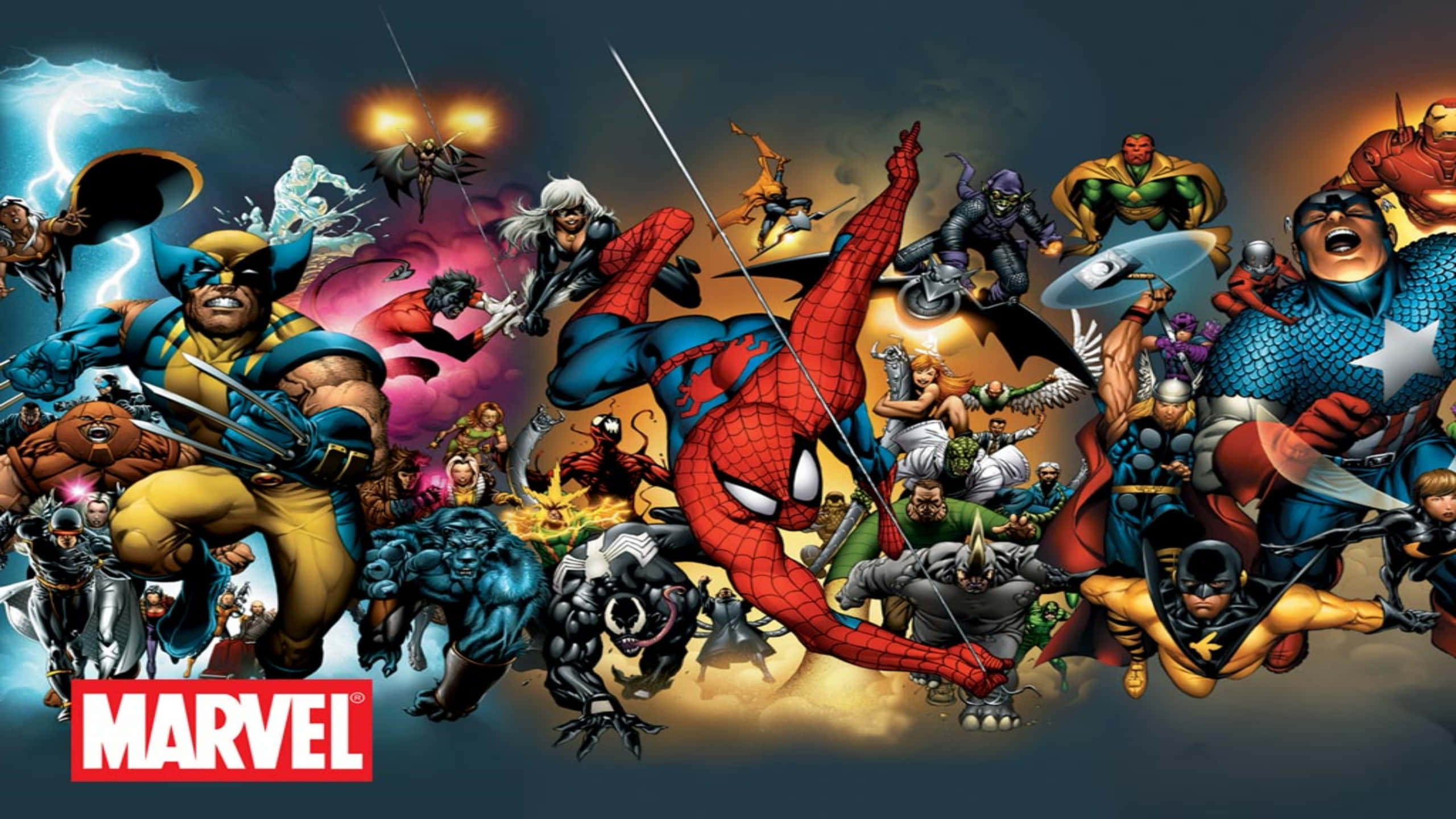 Marvel Comics 2560x1440 桌布 壁紙 — 動感十足的漫威超級英雄與反派在一場混亂、充滿動作的漫畫風格戰鬥場景中碰撞。
