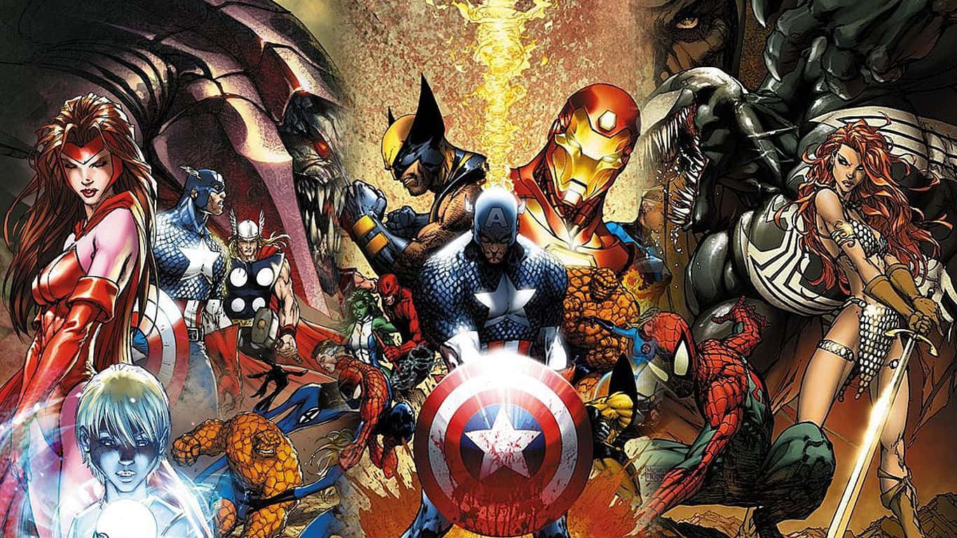 1366x768 Marvel 桌布 壁紙 — 動感十足的漫畫英雄與反派在熾熱、充滿動作的超級英雄戰鬥場景中碰撞。