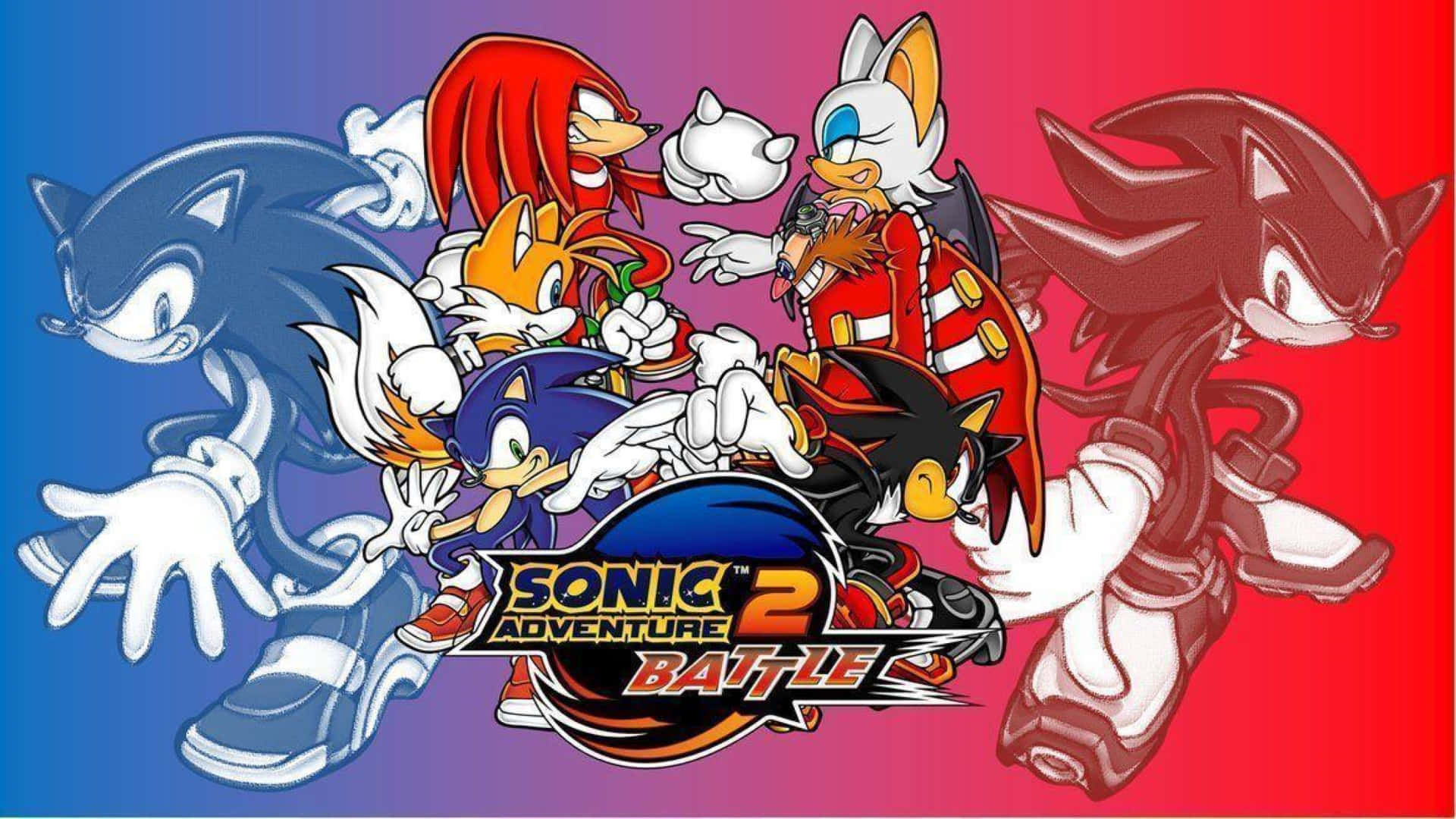 Sonic Adventure HD 桌布 壁紙 — 動感十足的索尼克角色群體，以鮮豔的藍到紅漸變背景襯托，擺出動作姿勢。