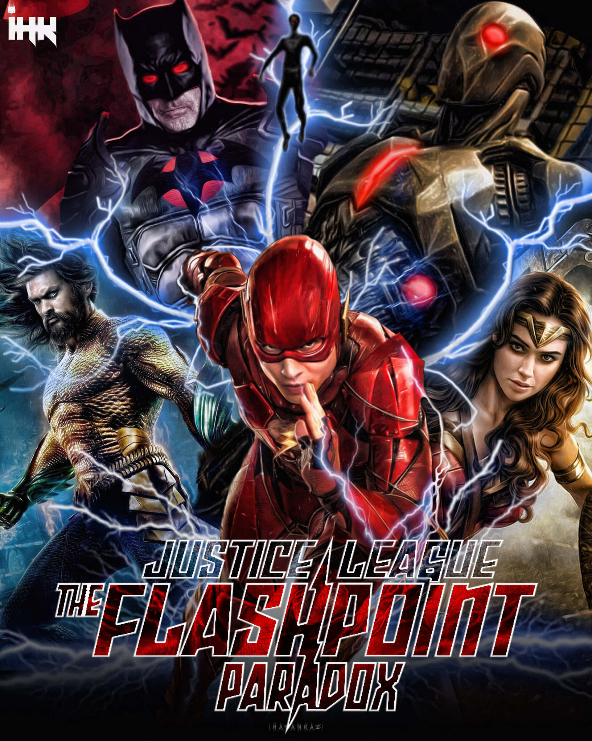 Justice League The Flashpoint Paradox 桌布 壁紙 — 動感十足的超級英雄團隊姿勢，伴隨著劈啪作響的閃電，採用大膽的紅色和藍色色調。