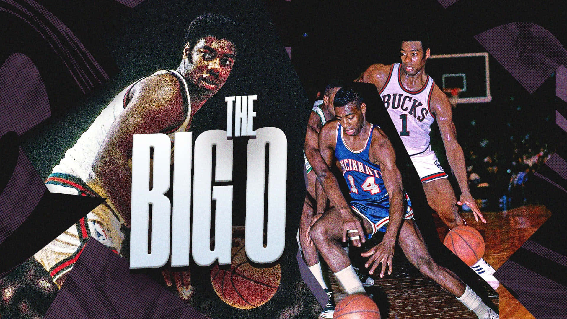 NBA 桌布 壁紙 — 動感復古籃球海報， featuring 'The Big O' 及球員在硬木球場上於場館燈光下比賽。