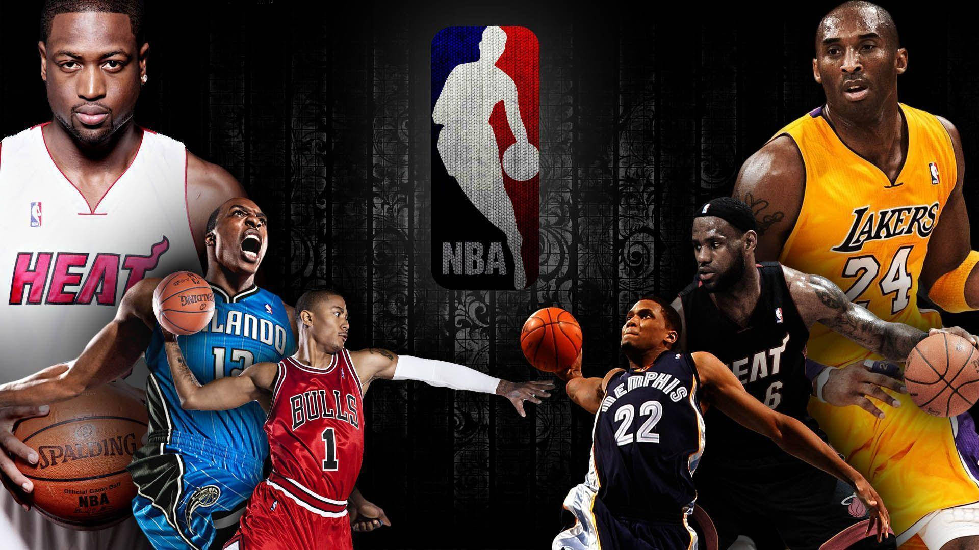 NBA 桌布 壁紙 — 動感拼貼，展示標誌性NBA籃球運動員在深色華麗背景下的動作姿勢，並帶有NBA標誌。