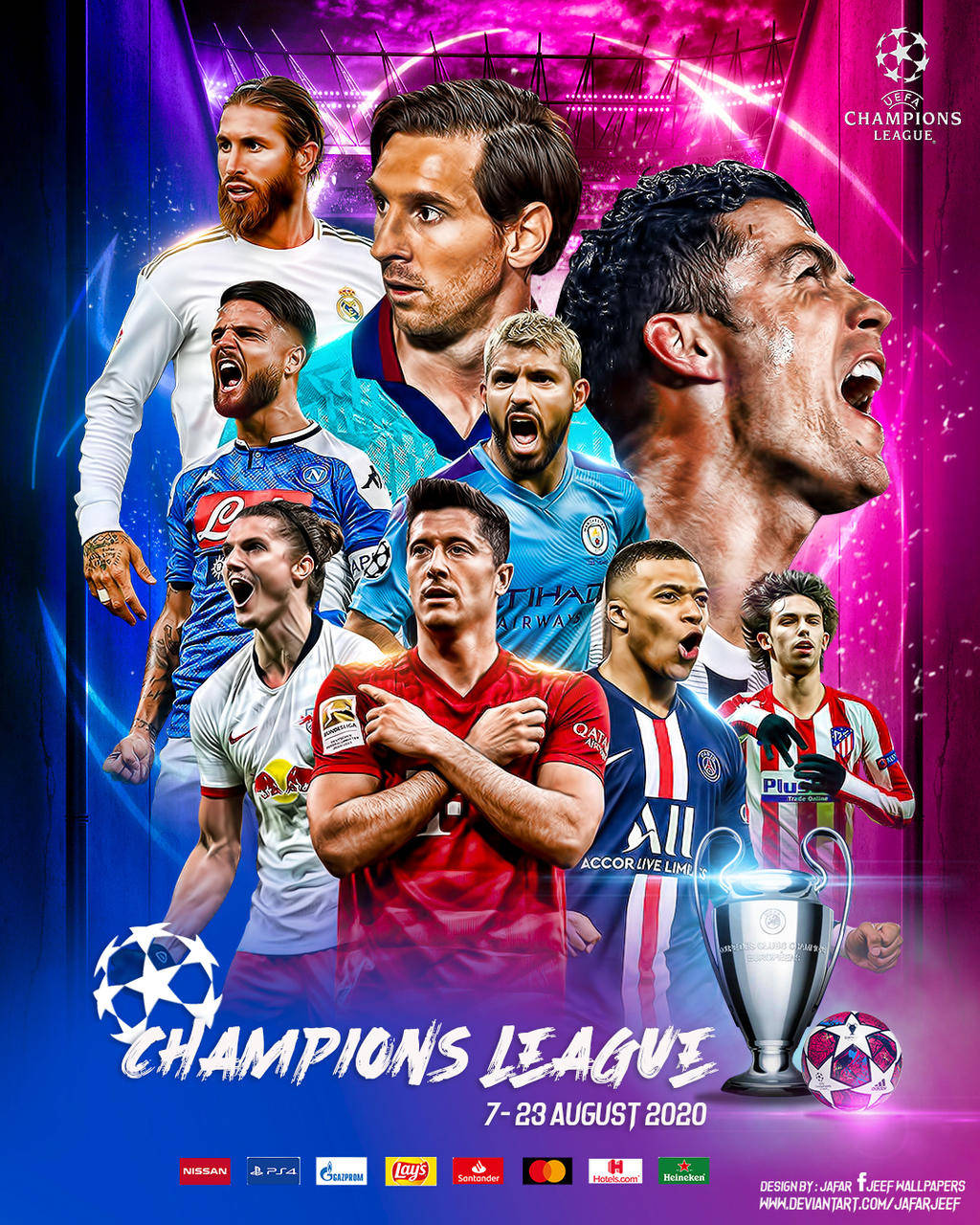 Champions League 桌布 壁紙 — 動感拼貼，頂級足球員在充滿活力的紫色和藍色球場背景下擺出動作姿勢，並有歐冠獎盃。
