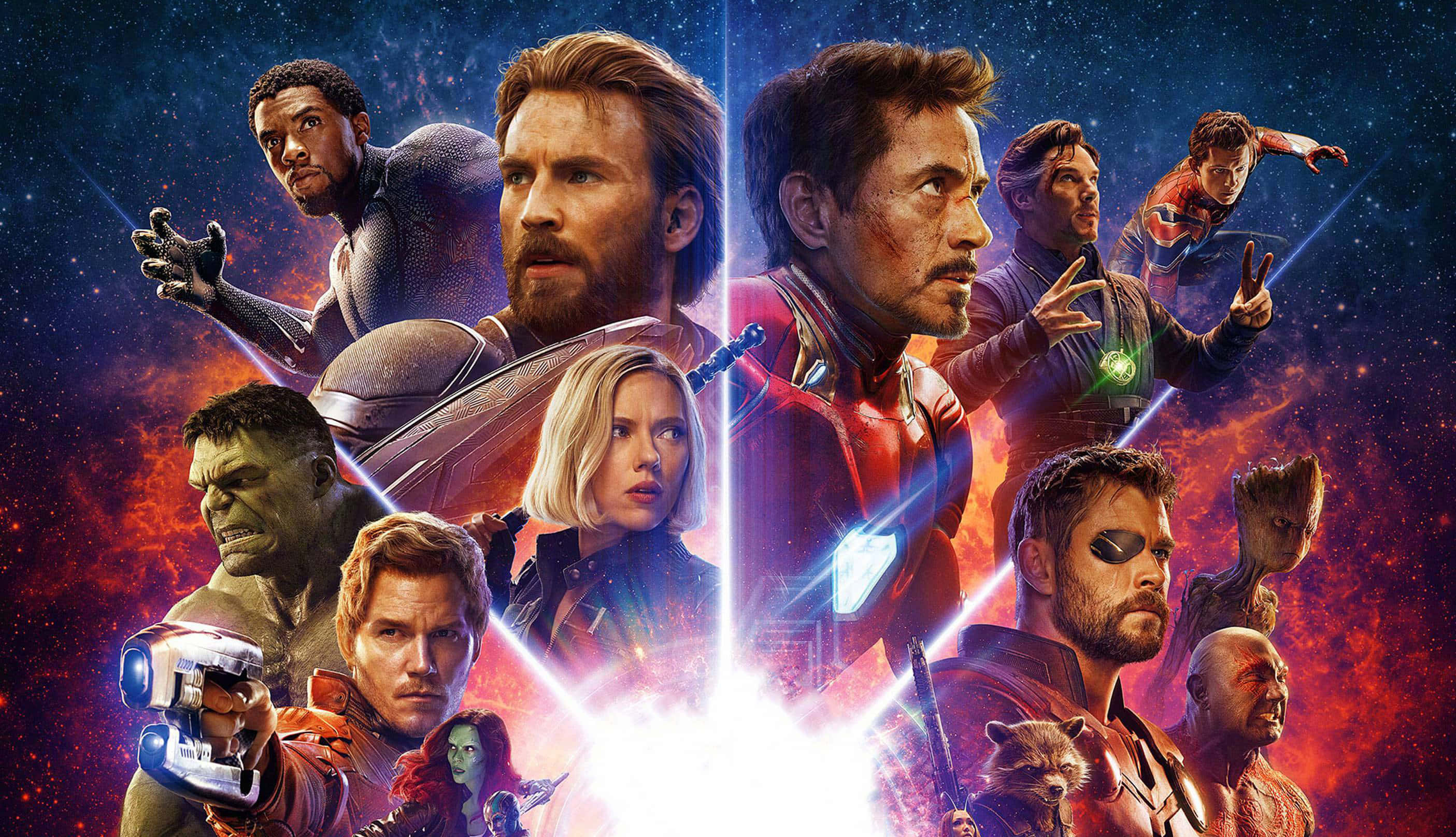 infinity war 桌布 壁紙 — 動感拼貼畫，Marvel 超級英雄與反派在宇宙爆炸背景下擺出姿勢，色彩鮮豔的紅與藍。
