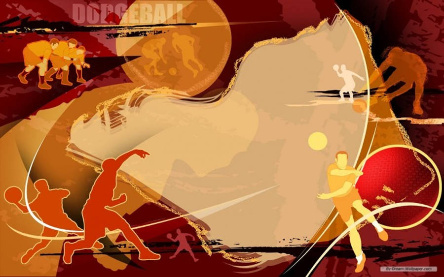 dodgeball 桌布 壁紙 — 動感插圖，描繪籃球運動員在帶有紋理的紅金色背景上移動，並配以抽象動作線條。