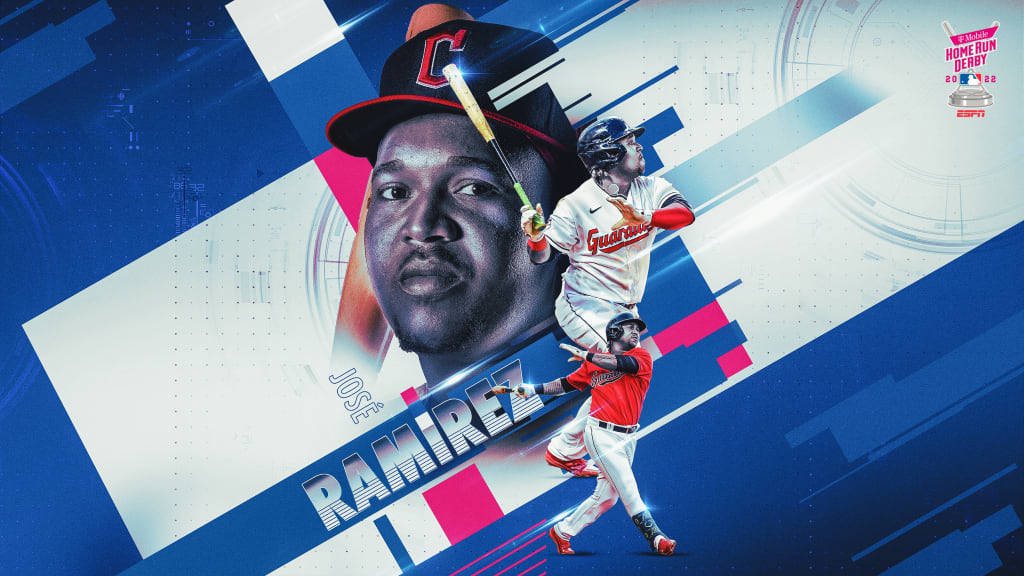 Jose Ramirez 桌布 壁紙 — 動感棒球選手 Jose Ramirez 在搶眼的藍色幾何背景上擺出動作姿勢，並帶有球隊品牌標誌。