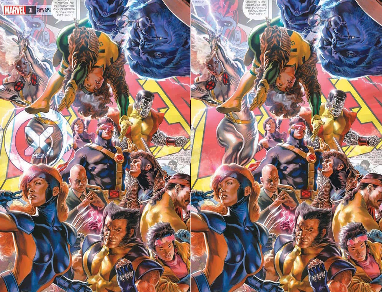 Secret Wars 桌布 壁紙 — 動感漫畫封面，X-Men角色以動作姿態呈現，背景為鮮豔的紅色和黃色。