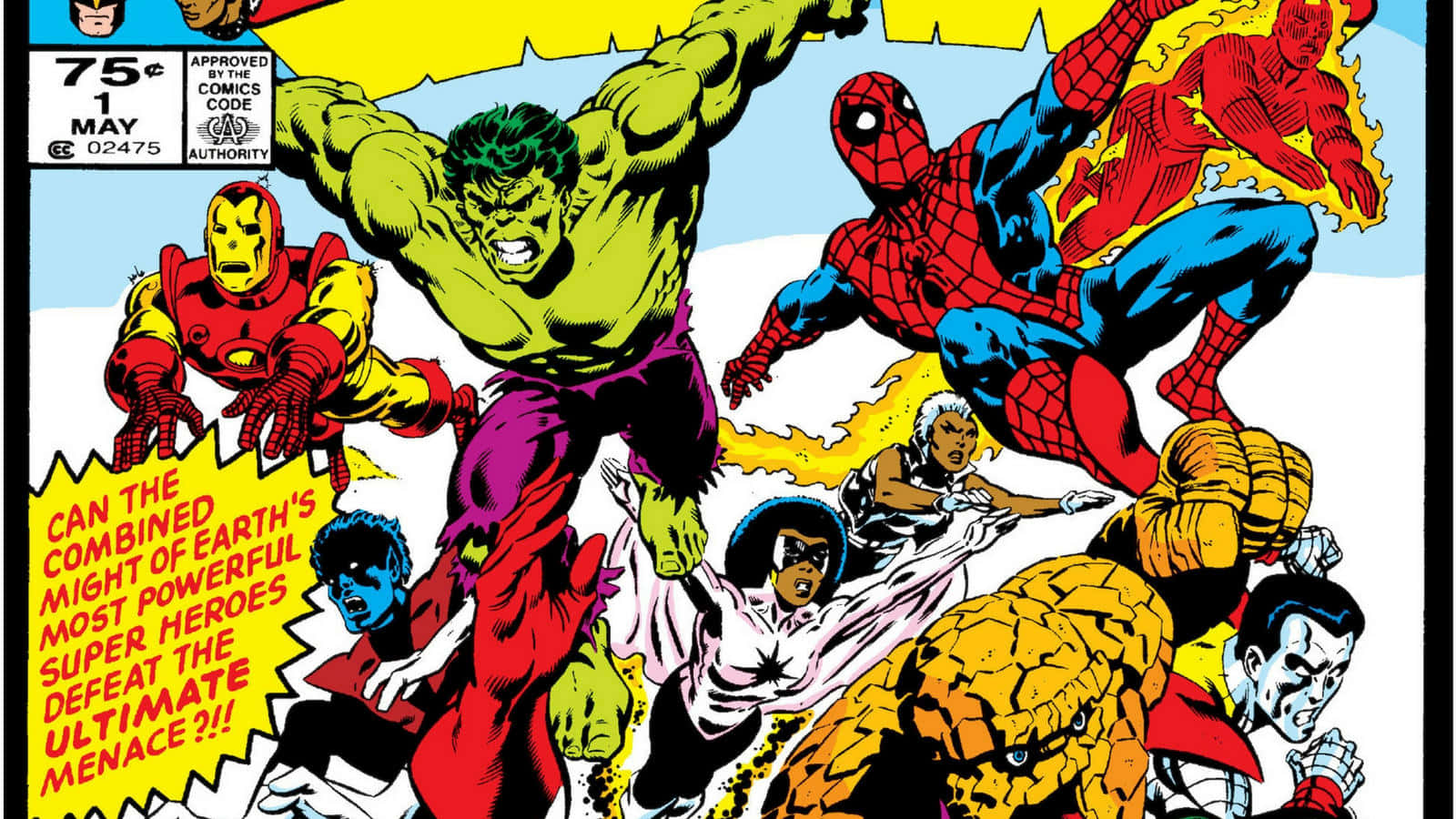 Secret Wars 桌布 壁紙 — 動感漫畫封面，描繪浩克、蜘蛛人、鋼鐵人及其他英雄在明亮的黃色天空下激戰。