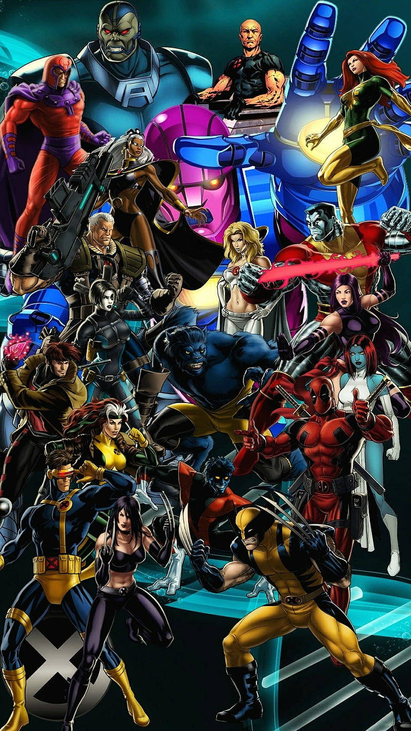 漫威 桌布 壁紙 — 動感漫畫插圖，X-Men 變種人穿著大膽服裝，在發光的未來背景前英勇擺姿勢。
