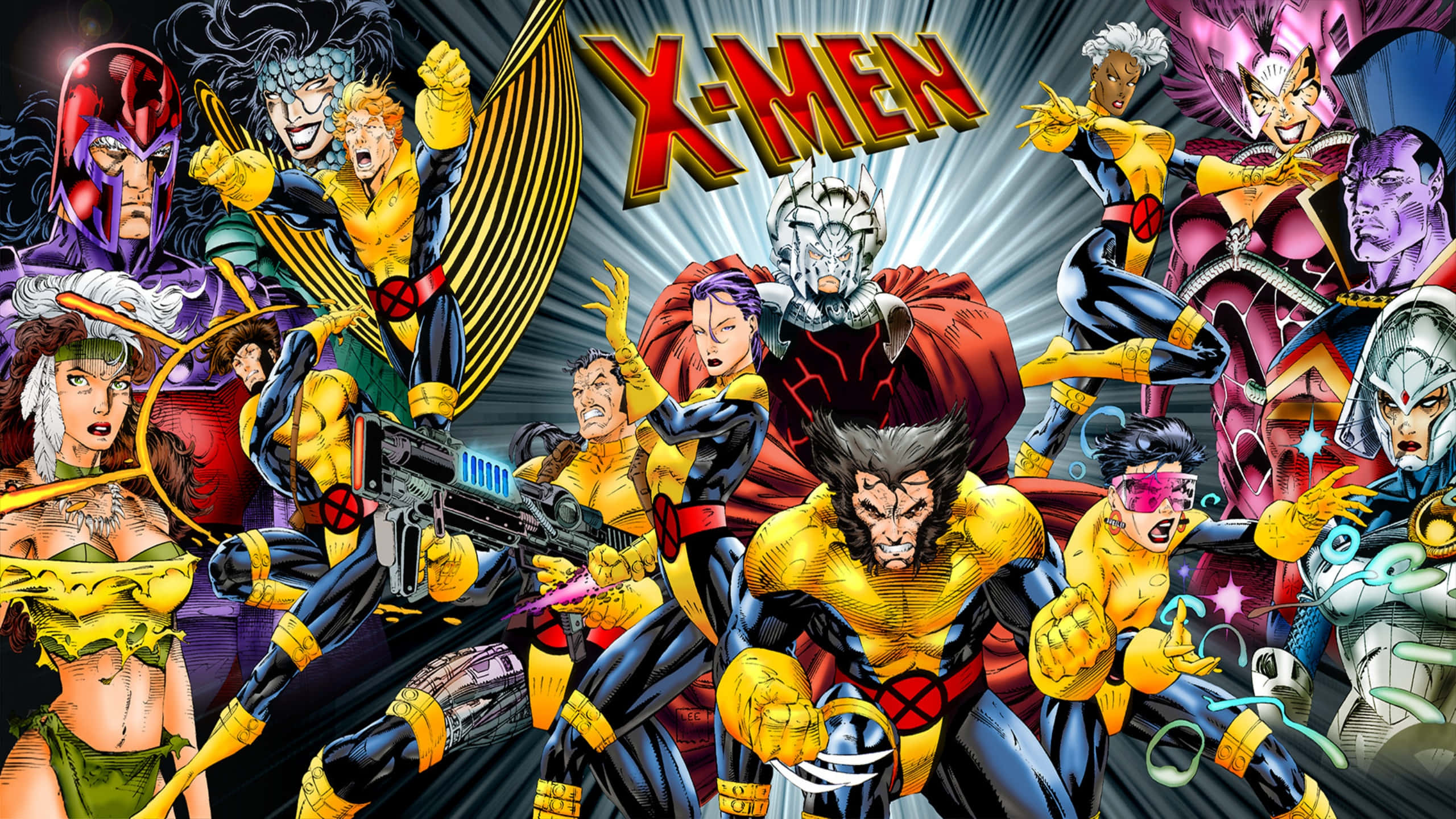 金鋼狼 桌布 壁紙 — 動感漫畫插圖，X-Men 超級英雄穿著大膽的黃色和黑色服裝，在光芒四射的背景前英勇地擺姿勢。