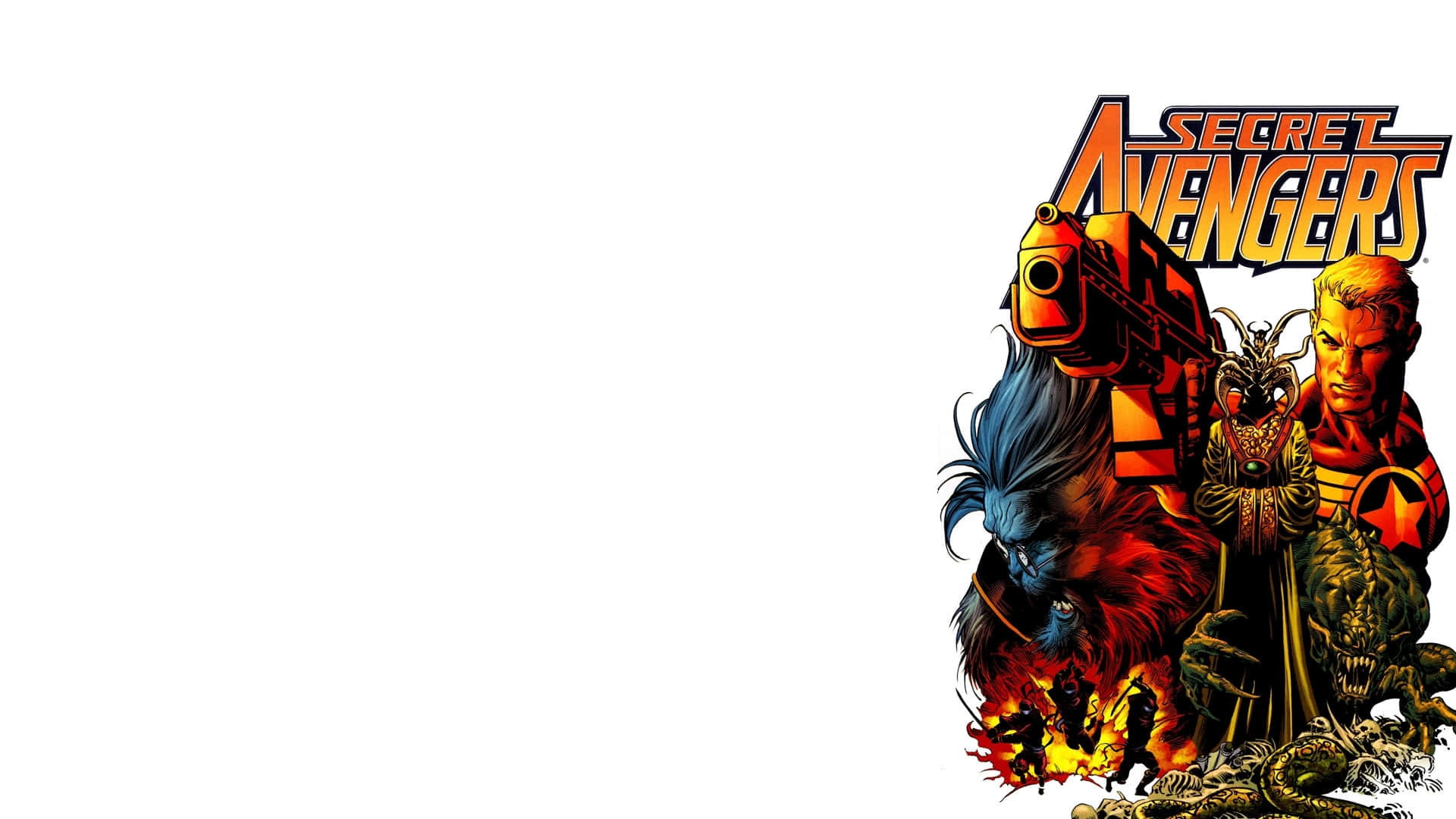 Secret Invasion 桌布 壁紙 — 動感漫畫插圖，描繪秘密復仇者角色在純白背景下擺出火熱動作姿勢。