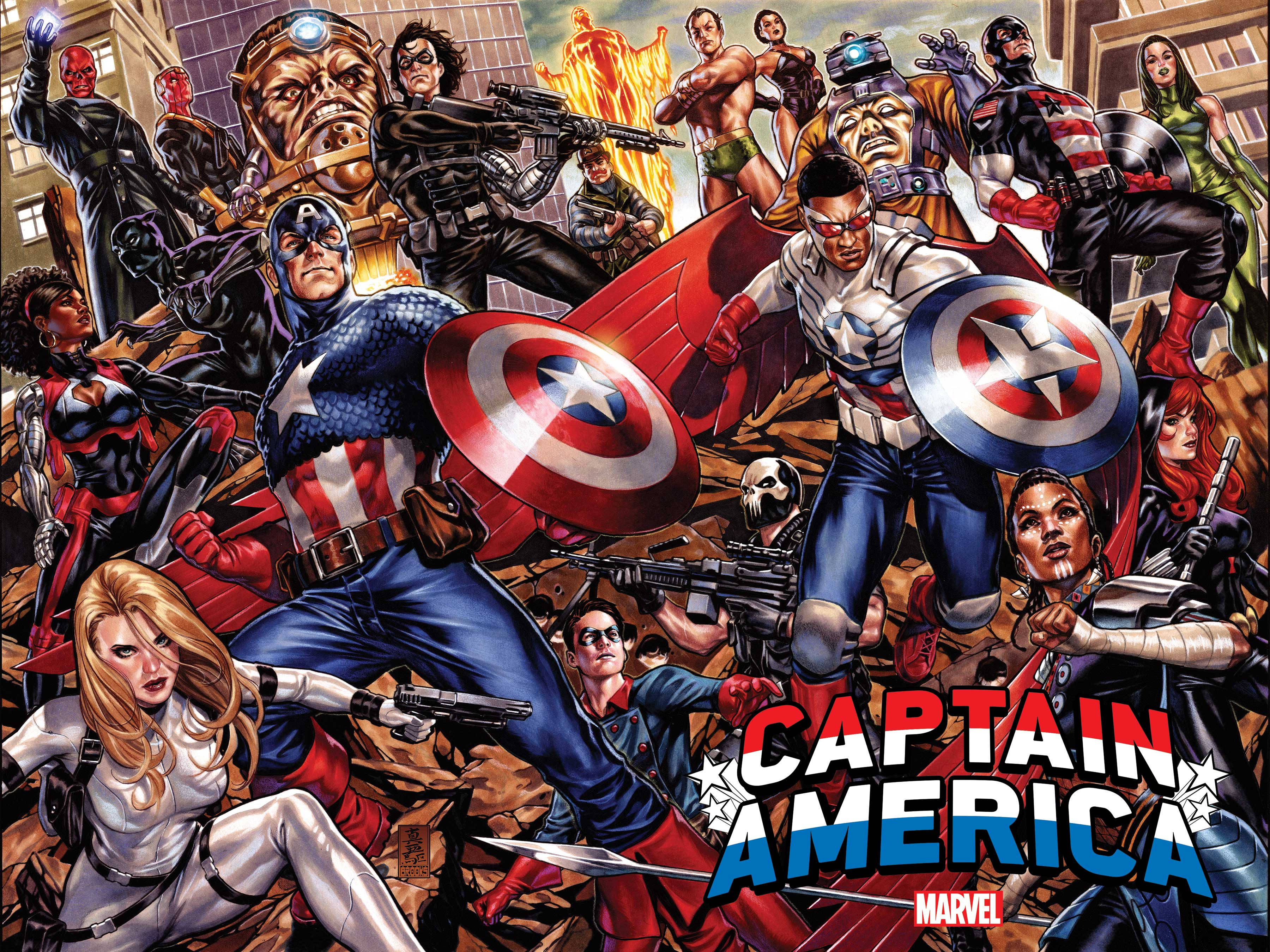 Marvel Captain America 桌布 壁紙 — 動感漫畫插圖，描繪美國隊長和多樣化的超級英雄團隊在充滿動作的城市戰鬥場景中。
