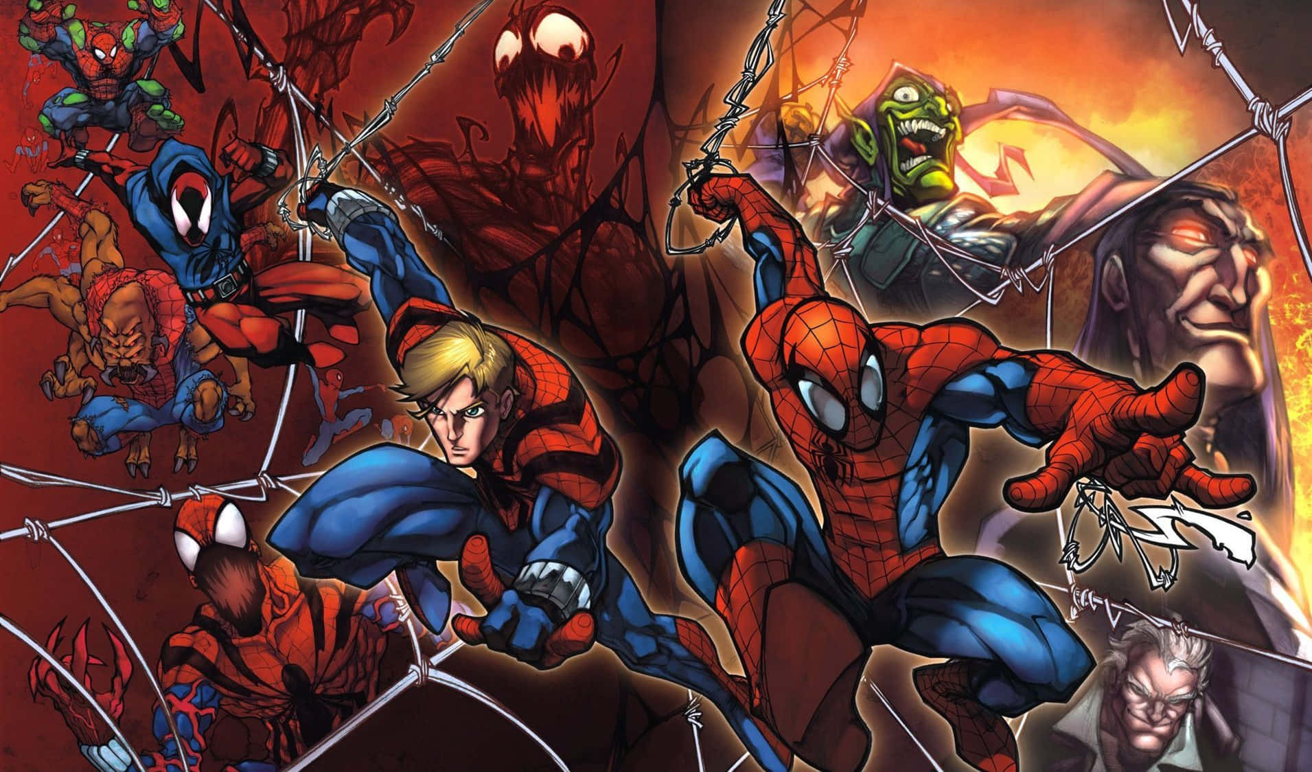 Spider Man Comic 桌布 壁紙 — 動感漫畫插圖，蜘蛛人與多名反派糾纏在蜘蛛網中，背景為火紅色。