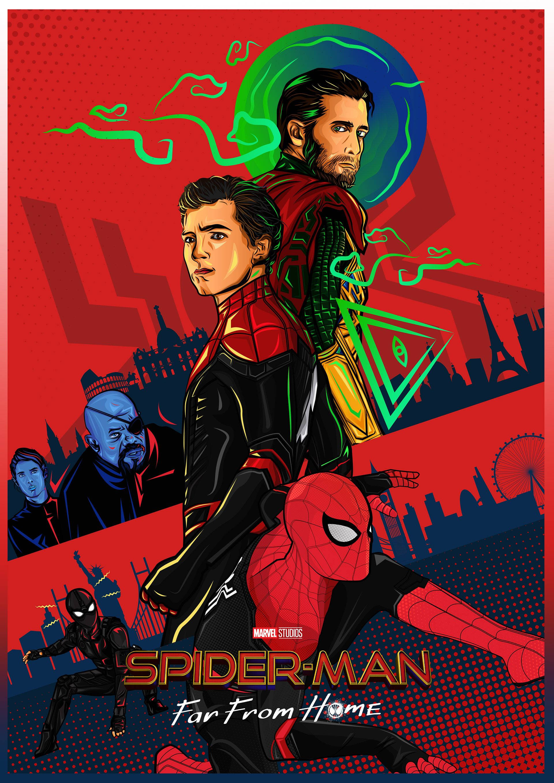Spider Man Far From Home 桌布 壁紙 — 動感漫畫海報，以蜘蛛人及其盟友為主角，背景為紅色城市景觀和綠色能量漩渦。