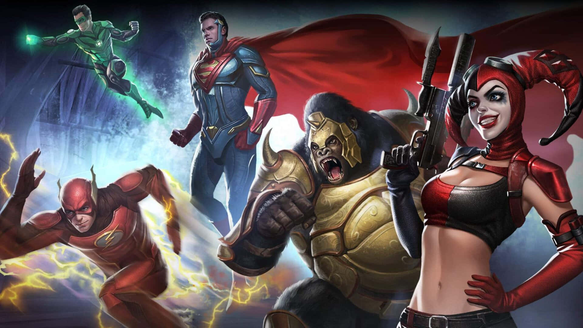 Superhero Video Games 桌布 壁紙 — 動感漫畫英雄，包括綠燈俠、閃電俠、超人、大猩猩古魯德和哈莉·奎茵，在黑暗暴風雨背景下英勇擺姿勢。