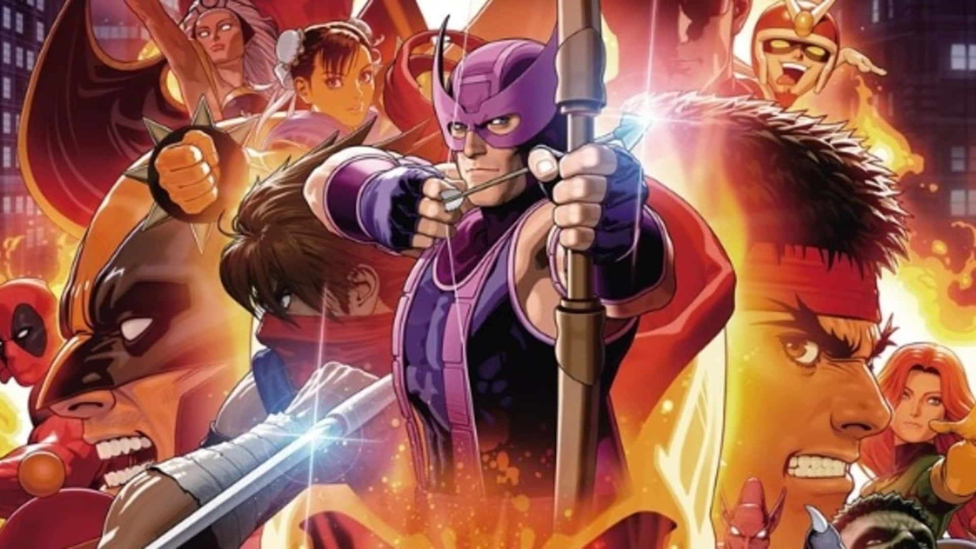 Marvel Vs Capcom Characters 桌布 壁紙 — 動感漫畫英雄以充滿活力的動作姿態，在熾熱的城市背景下展現。