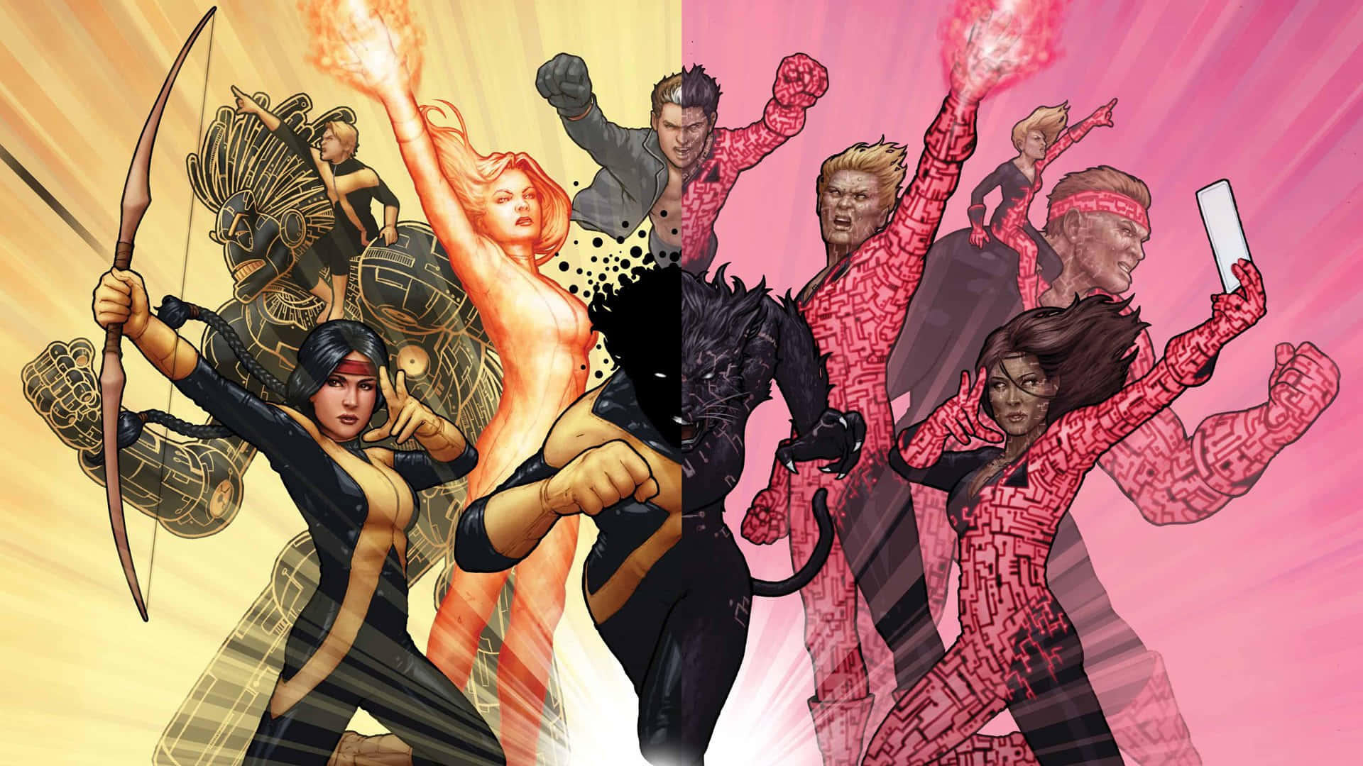 Mutants 桌布 壁紙 — 動感漫畫英雄以充滿活力的姿勢，在黃色和粉紅色分割的背景上，伴隨能量爆發。