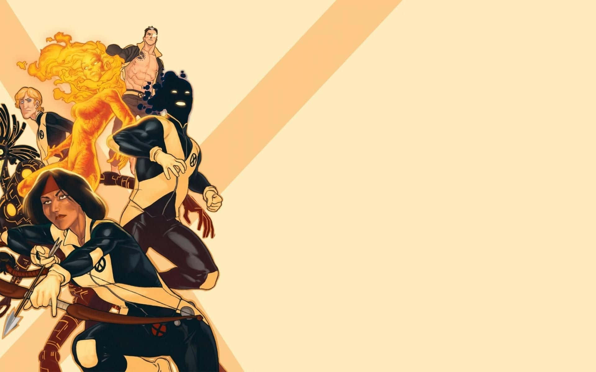 New Mutants 桌布 壁紙 — 動感漫畫英雄以動作姿態呈現，背景為溫暖米色對角線。