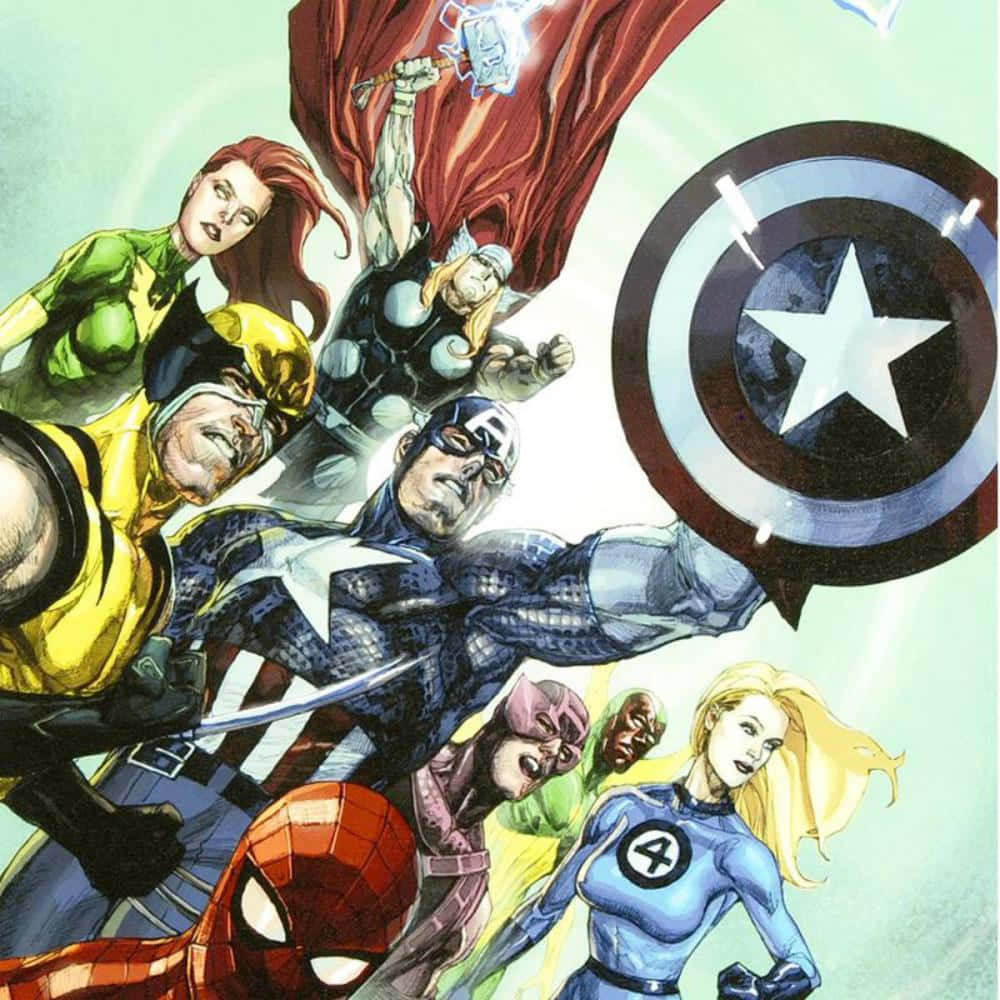 Secret Invasion 桌布 壁紙 — 動感漫畫英雄包括美國隊長、雷神和蜘蛛俠在發光背景前英勇擺姿勢。