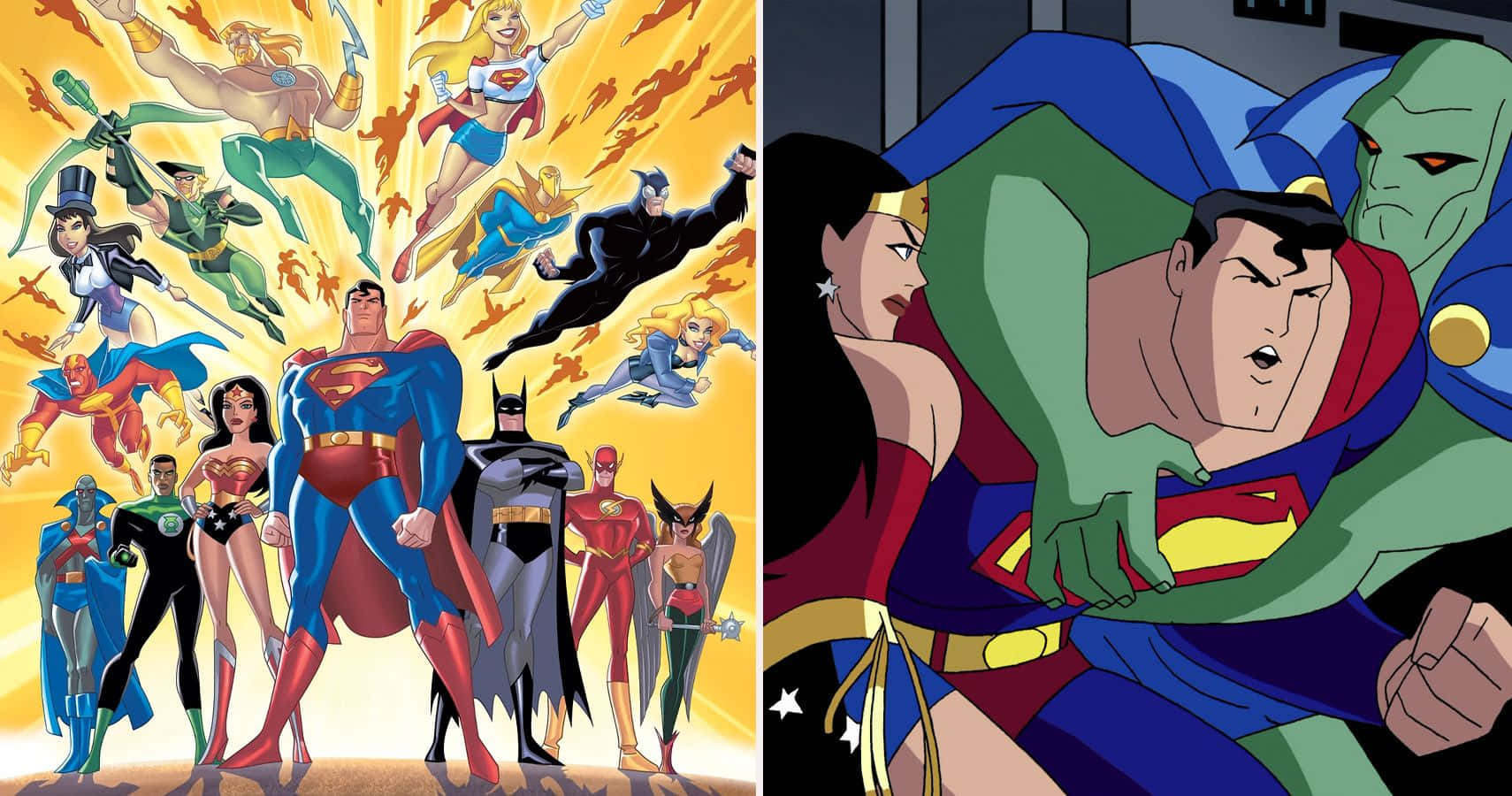 Justice League Unlimited 桌布 壁紙 — 動感漫畫英雄在充滿動作和鮮豔色彩的動畫面板中翱翔和碰撞。