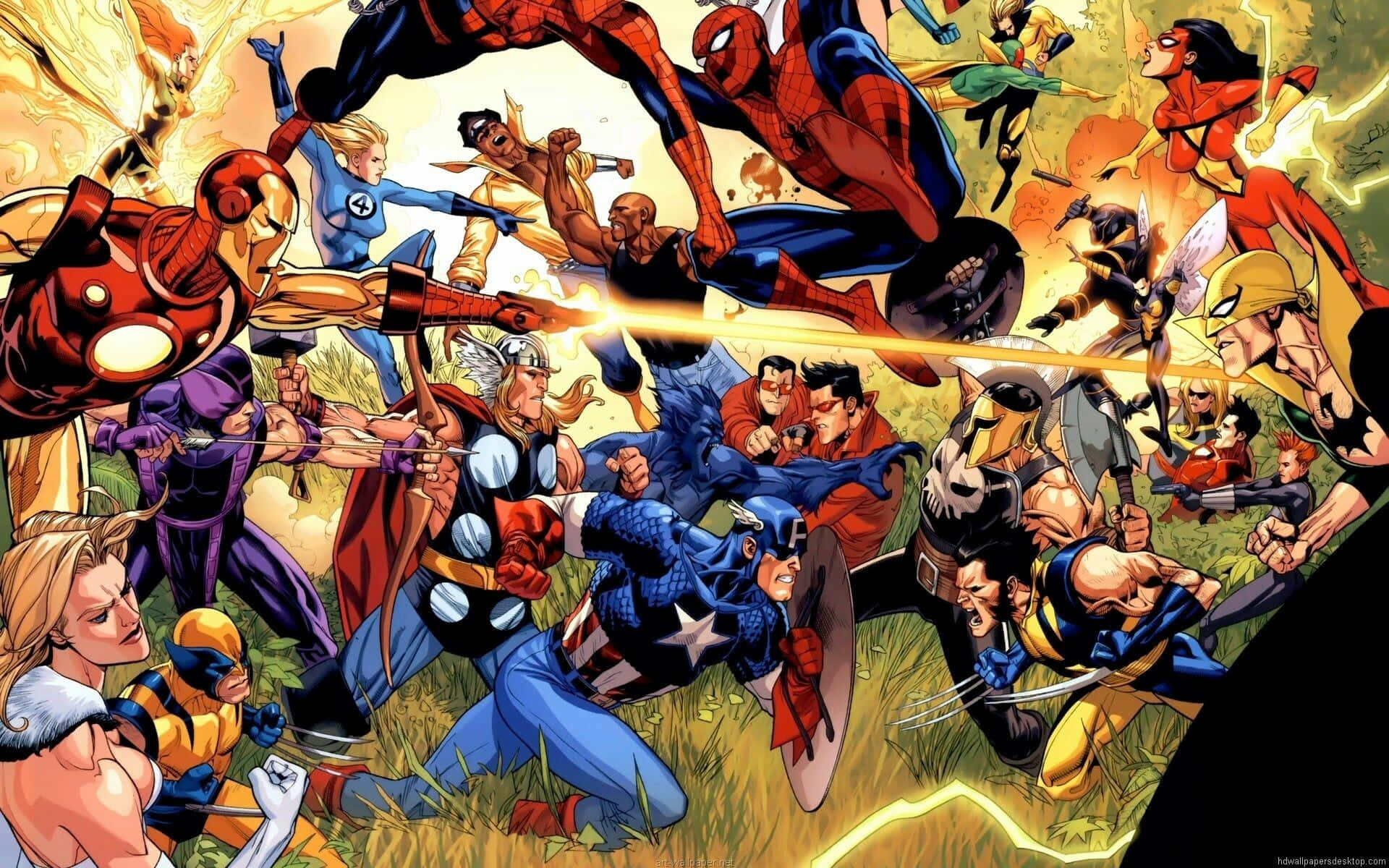 Mcu 桌布 壁紙 — 動感漫畫英雄在明亮的日光下，於草地上展開一場充滿活力的混亂戰鬥。