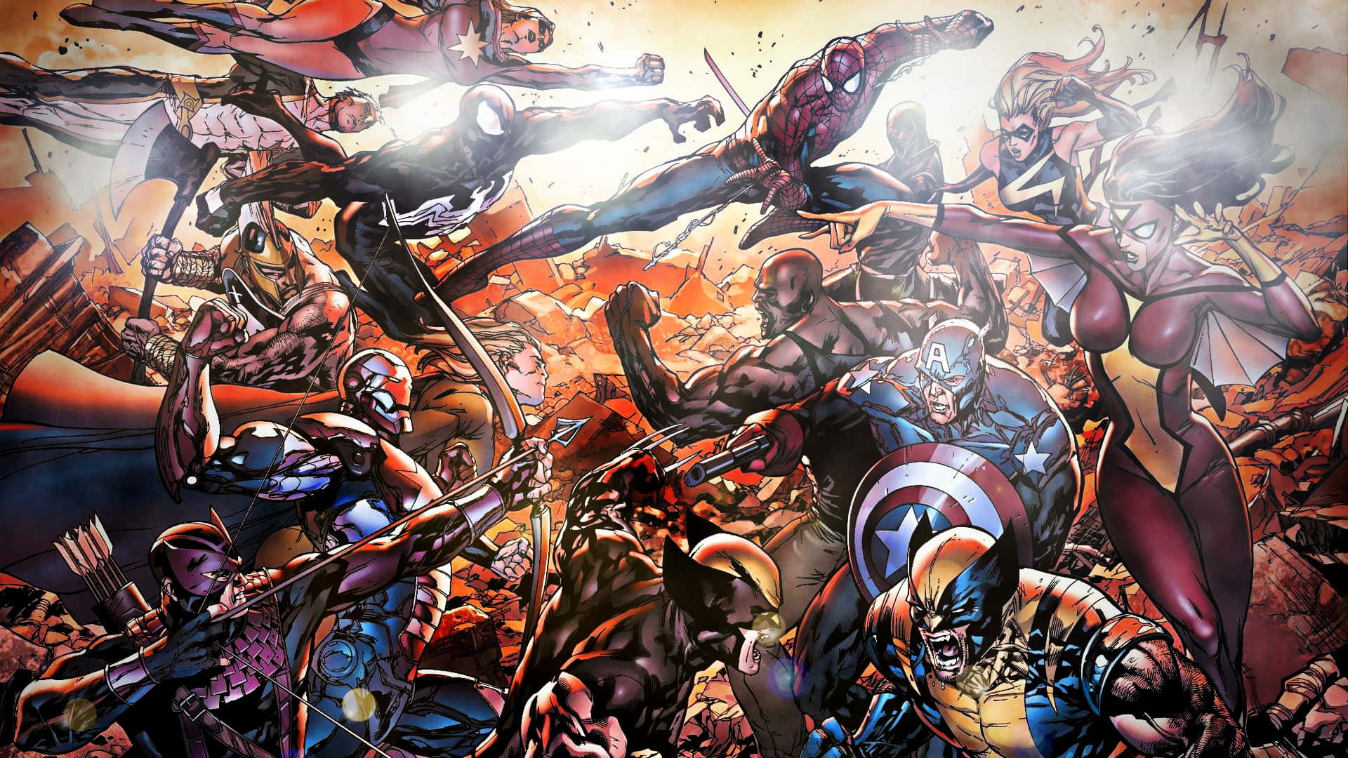 Secret Wars 桌布 壁紙 — 動感漫畫英雄在熾熱的天空下，於崩塌的廢墟中展開激烈的戰鬥。