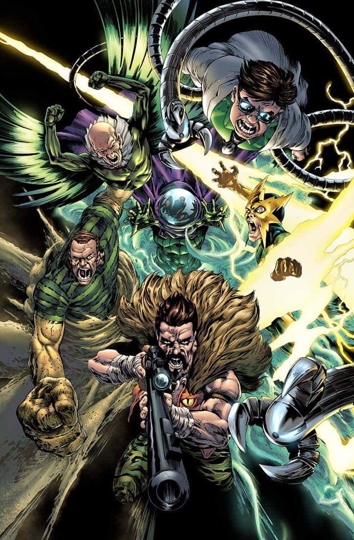 Sinister Six 桌布 壁紙 — 動感漫畫英雄在與黑暗勢力的混戰中釋放出發光的能量爆炸。