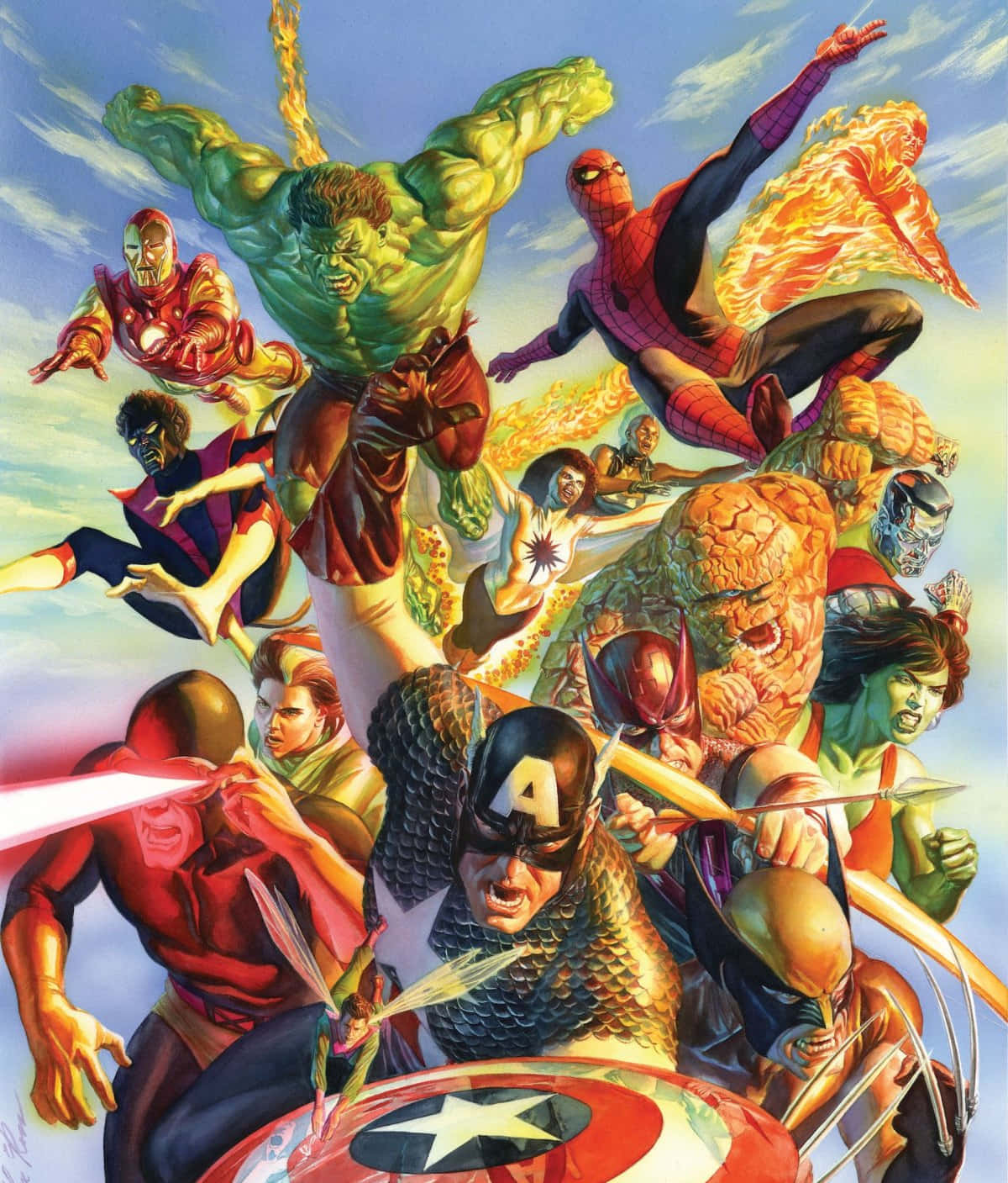 Mcu Characters 桌布 壁紙 — 動感漫畫英雄如浩克和美國隊長在充滿活力的空中激戰中碰撞。