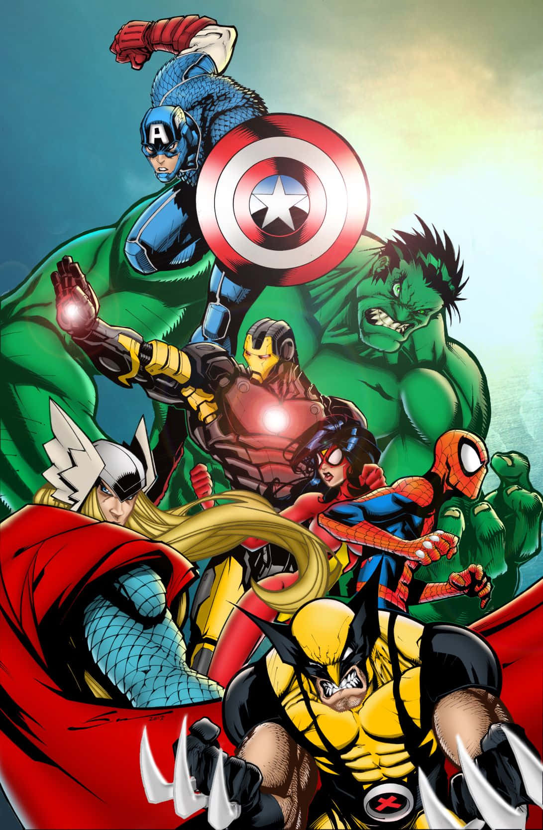 Earth's Mightiest Heroes 桌布 壁紙 — 動感漫畫英雄如美國隊長、浩克和金鋼狼，在發光的天空下英勇地擺出姿勢。