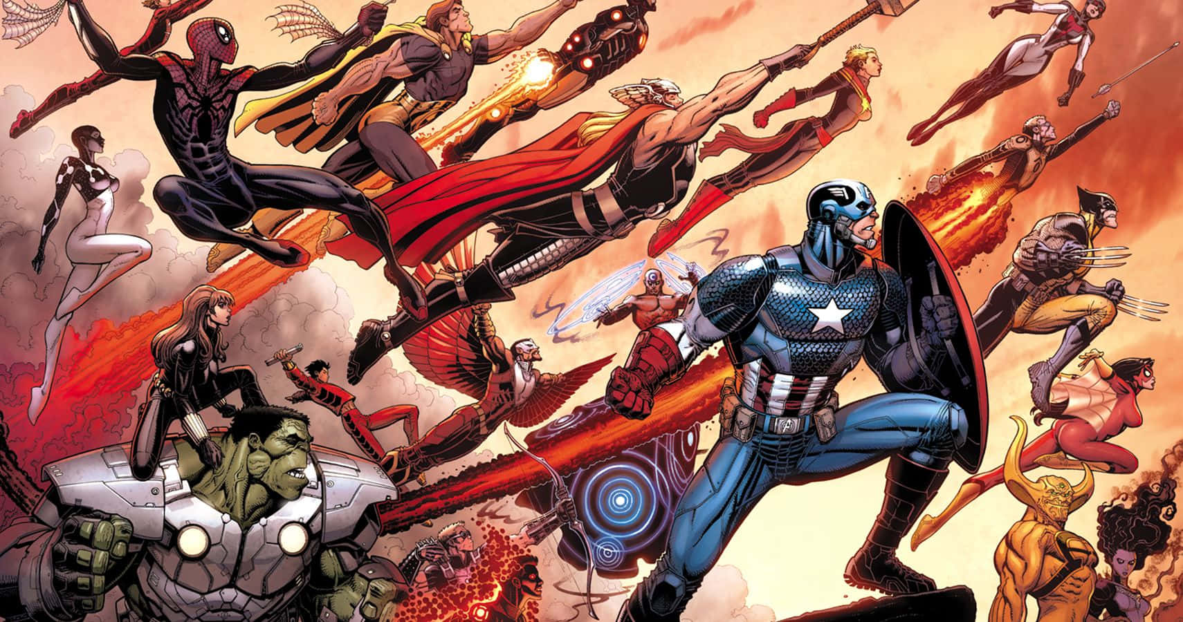 New Avengers 桌布 壁紙 — 動感漫畫英雄如美國隊長和蜘蛛人在火熱、動作密集的戰鬥場景中翱翔和衝突。