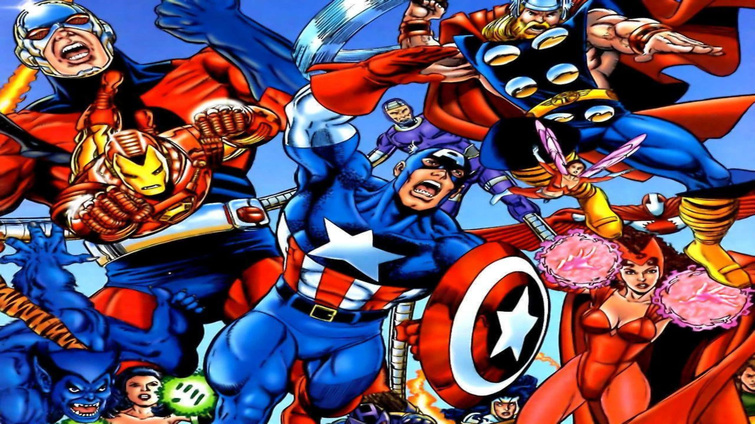 Marvel Comics 2560x1440 桌布 壁紙 — 動感漫畫英雄如美國隊長和雷神索爾在充滿活力的動作超級英雄戰鬥場景中碰撞。