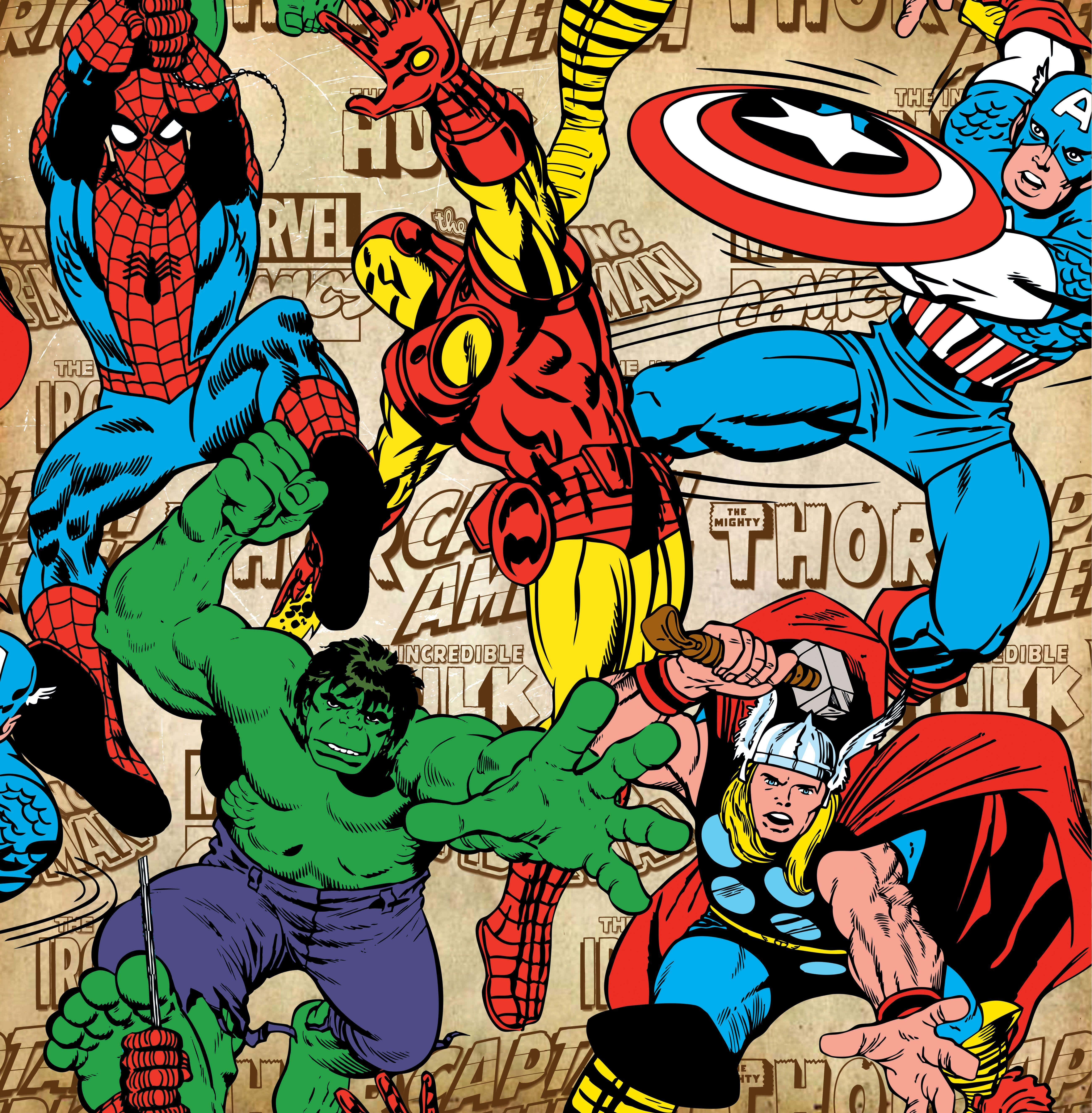 桌布 壁紙 — 動感漫畫英雄如蜘蛛人、鋼鐵人和美國隊長在復古Marvel背景上跳躍。