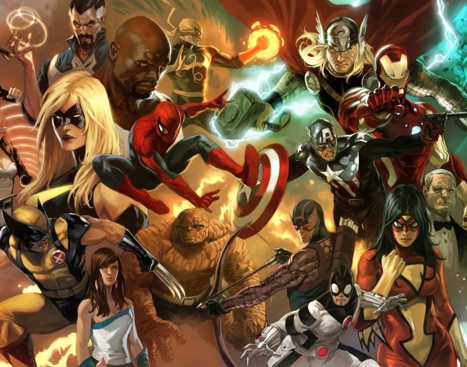 Cartoon Heroes 桌布 壁紙 — 動感漫畫英雄如蜘蛛人和鋼鐵人在充滿活力的超級英雄戰鬥場景中，以發光能量效果碰撞。