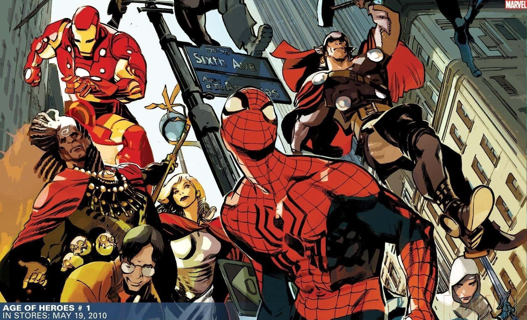 Iron Man Comics 桌布 壁紙 — 動感漫畫英雄如蜘蛛人和鋼鐵人在混亂的城市街頭戰鬥中交鋒。