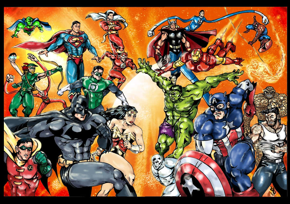 Comics 桌布 壁紙 — 動感漫畫英雄如超人、浩克和美國隊長在熾熱的橙色背景下英勇地擺出姿勢。