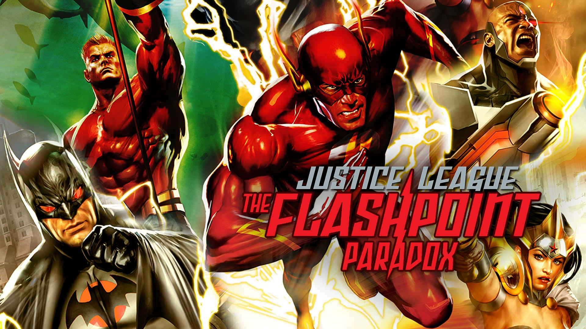 Justice League The Flashpoint Paradox 桌布 壁紙 — 動感漫畫英雄如閃電俠和蝙蝠俠在充滿活力的動作-packed Justice League Flashpoint Paradox 海報中交鋒。