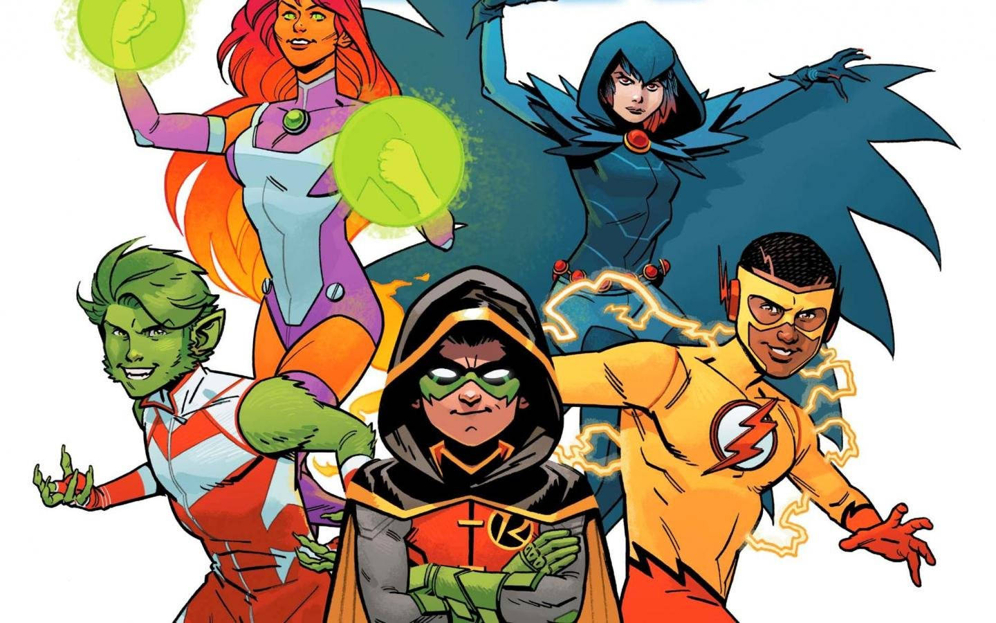 teen titans go 桌布 壁紙 — 動感漫畫英雄穿著鮮豔服裝，在白色背景前以發光能量效果英勇擺姿勢。