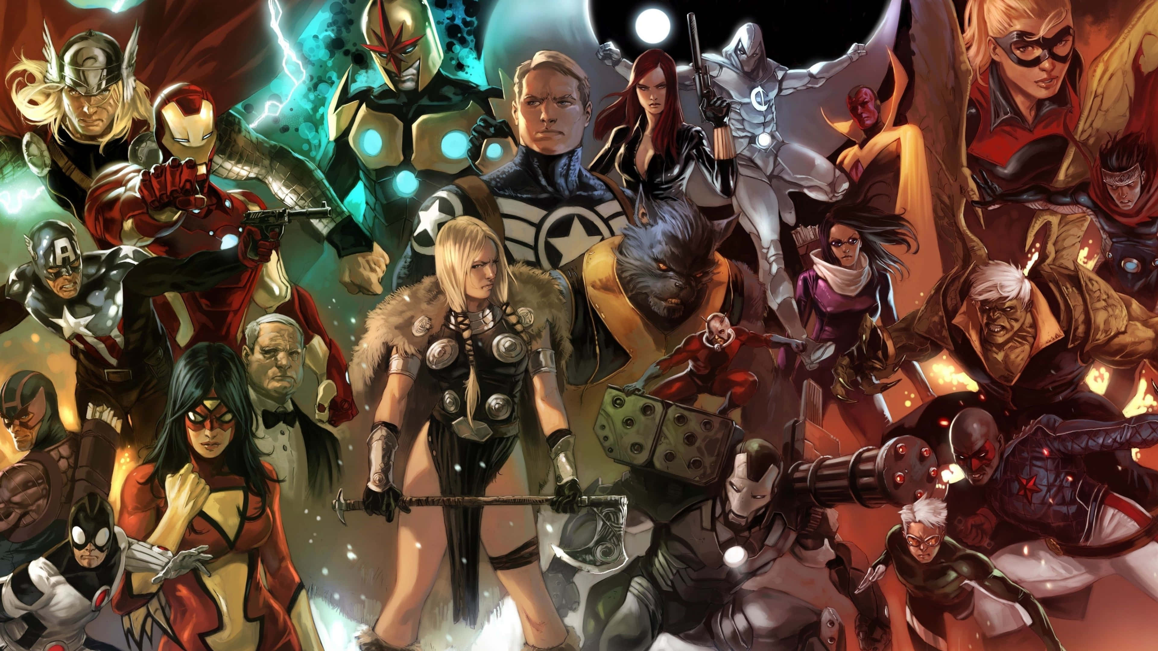 4K Marvel 壁紙 桌布 壁紙 — 動感漫畫英雄與反派在宇宙背景下以英雄姿態擺出姿勢，伴隨發光能量效果。