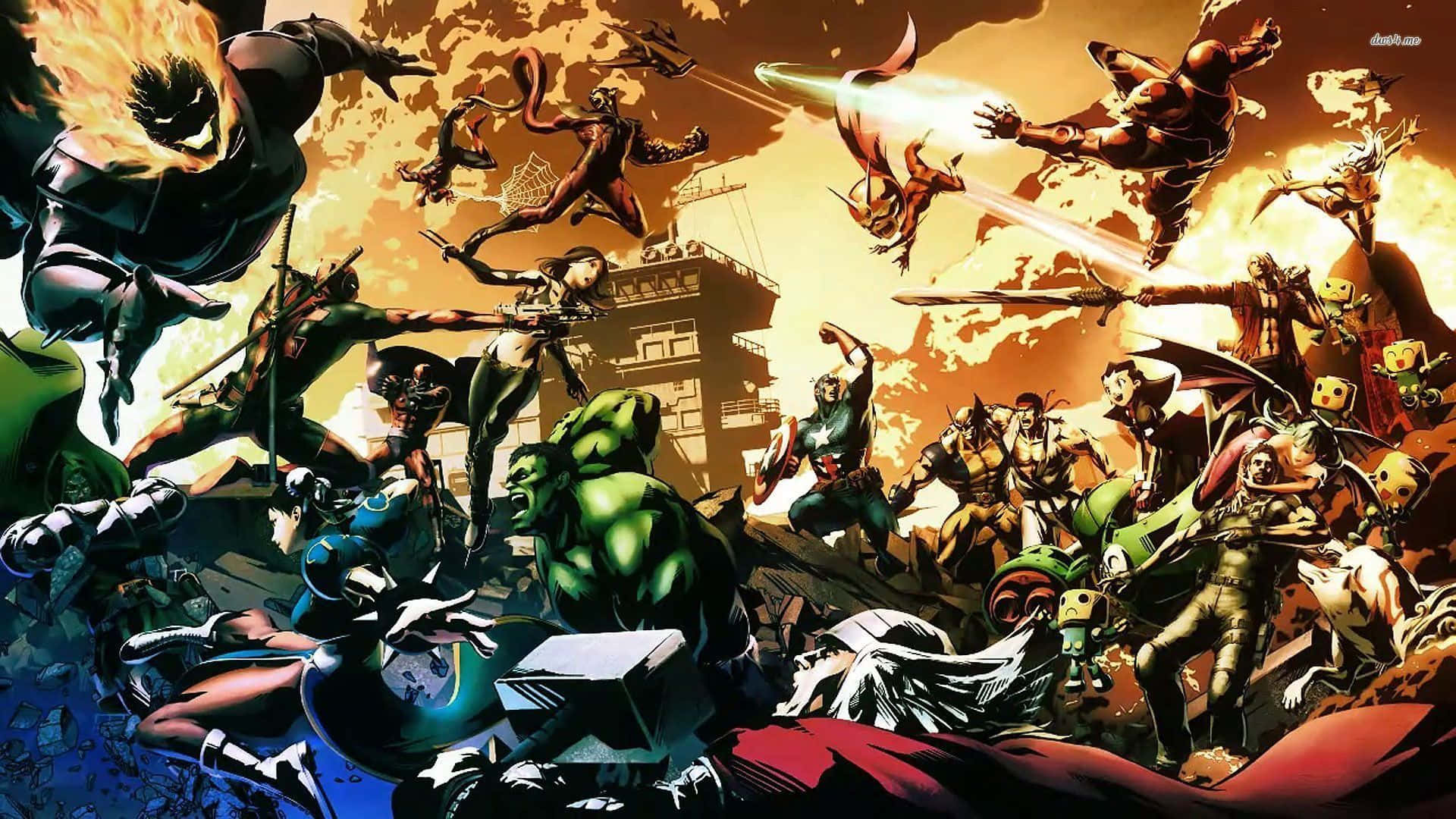 Marvel Vs Capcom 桌布 壁紙 — 動感漫畫英雄與反派在烈火熊熊的城市戰場上以爆炸性能量和戲劇性姿勢激烈交鋒。