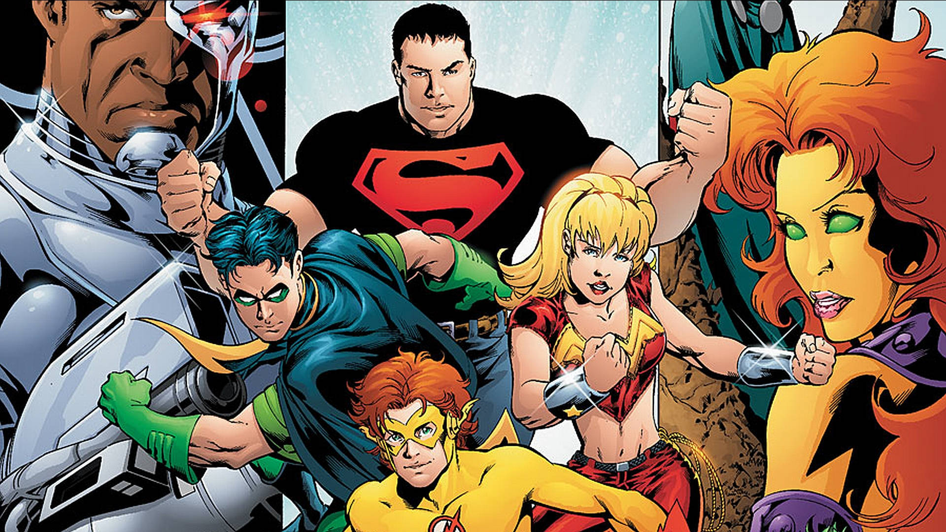 Young Justice 桌布 壁紙 — 動感漫畫英雄身穿大膽服裝，在破碎的背景前英勇地擺出姿勢。