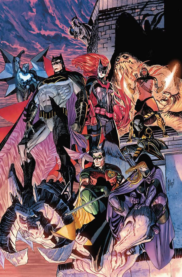 Batman Reborn 桌布 壁紙 — 動感漫畫英雄身穿深色服裝，在暴風雨黃昏的天空下準備與怪物般的敵人作戰。