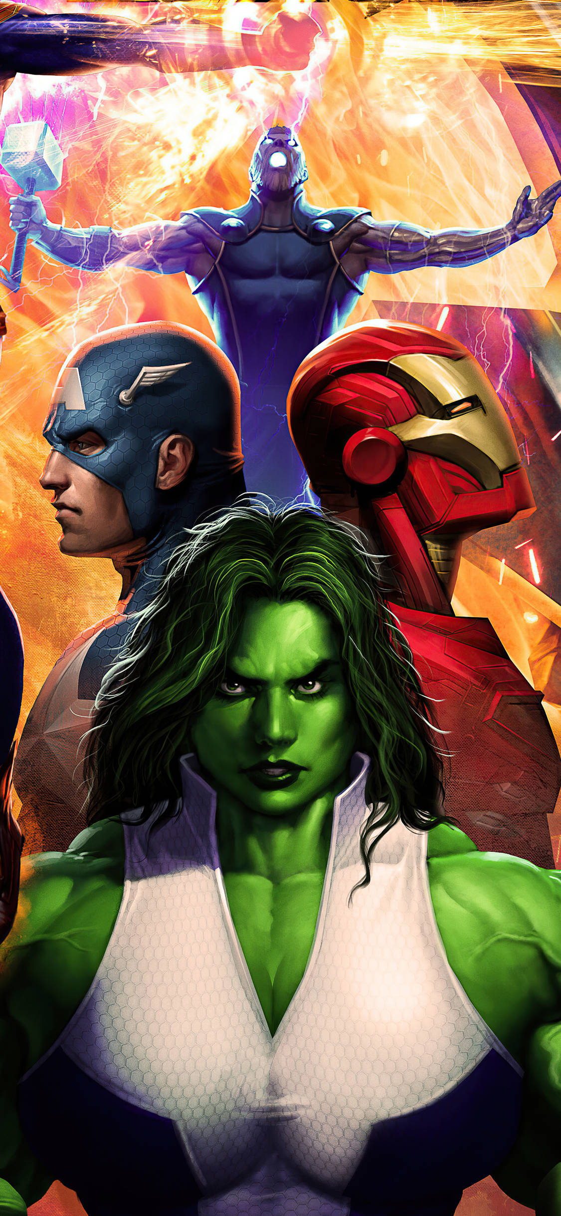she 桌布 壁紙 — 動感漫畫風格壁紙， featuring Hulk、美國隊長、鋼鐵人和雷神索爾以英雄姿態站在熾熱的宇宙背景前。
