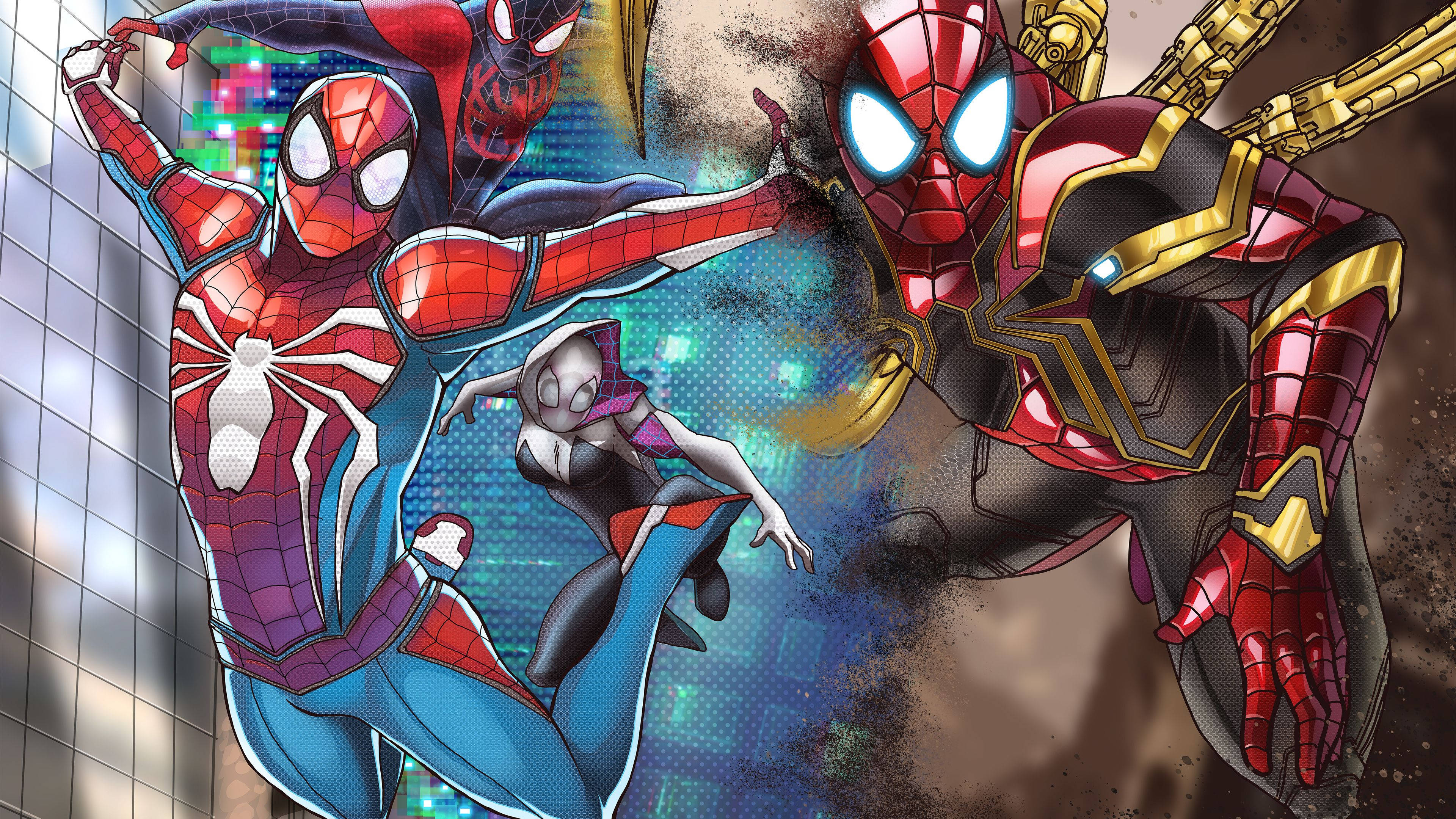 Spider Verse 桌布 壁紙 — 動感漫畫風格插圖，描繪多個蜘蛛人變體在發光數位城市背景下行動中。